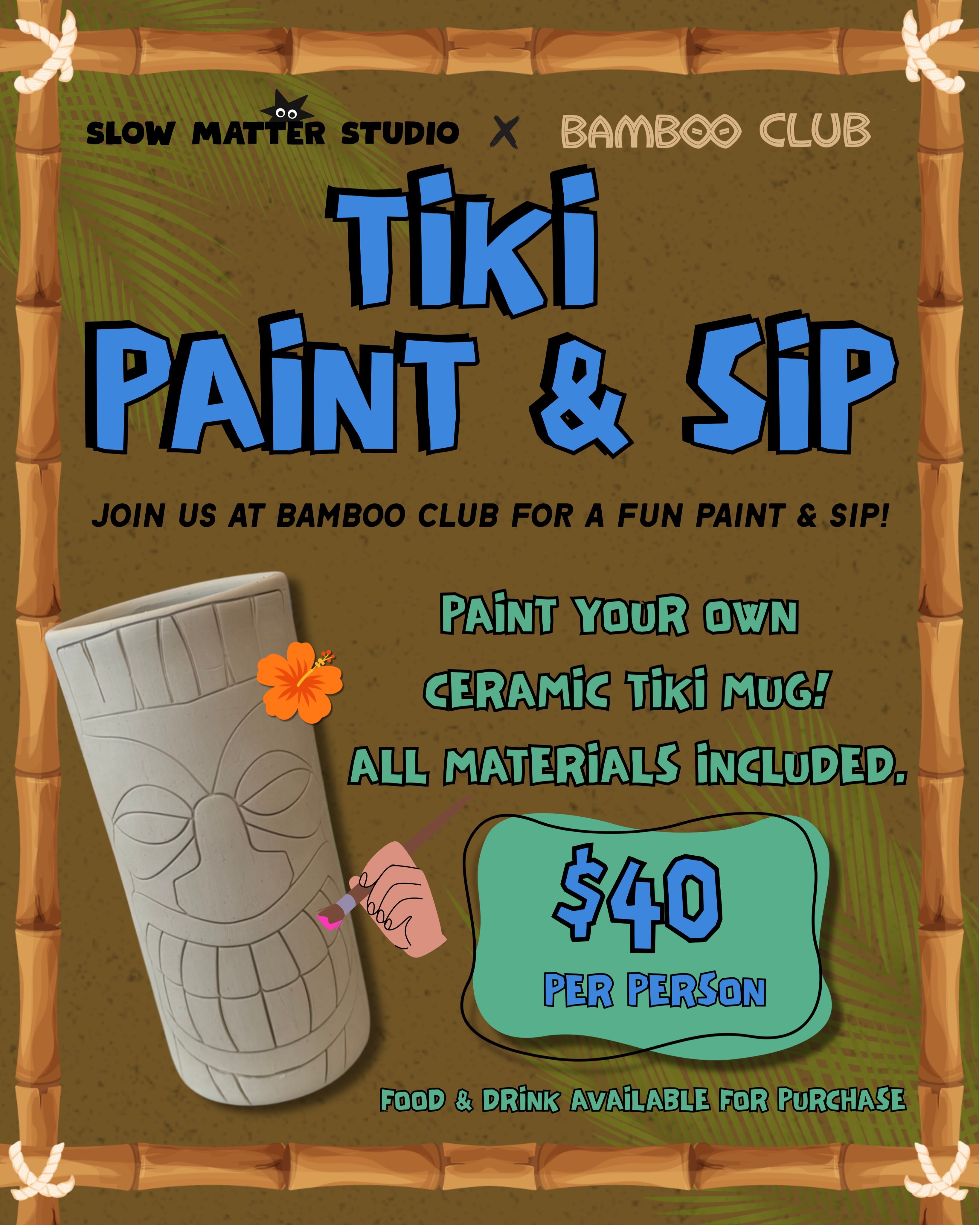 Blue Tiki Paint and Sip flyer with illustrated tiki cup