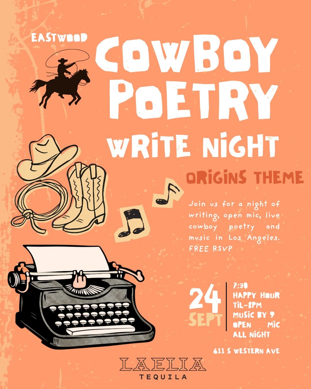 Cowboy Poetry Write Night Origins flyer with free RSVP, September 24 schedule and Eastwood address