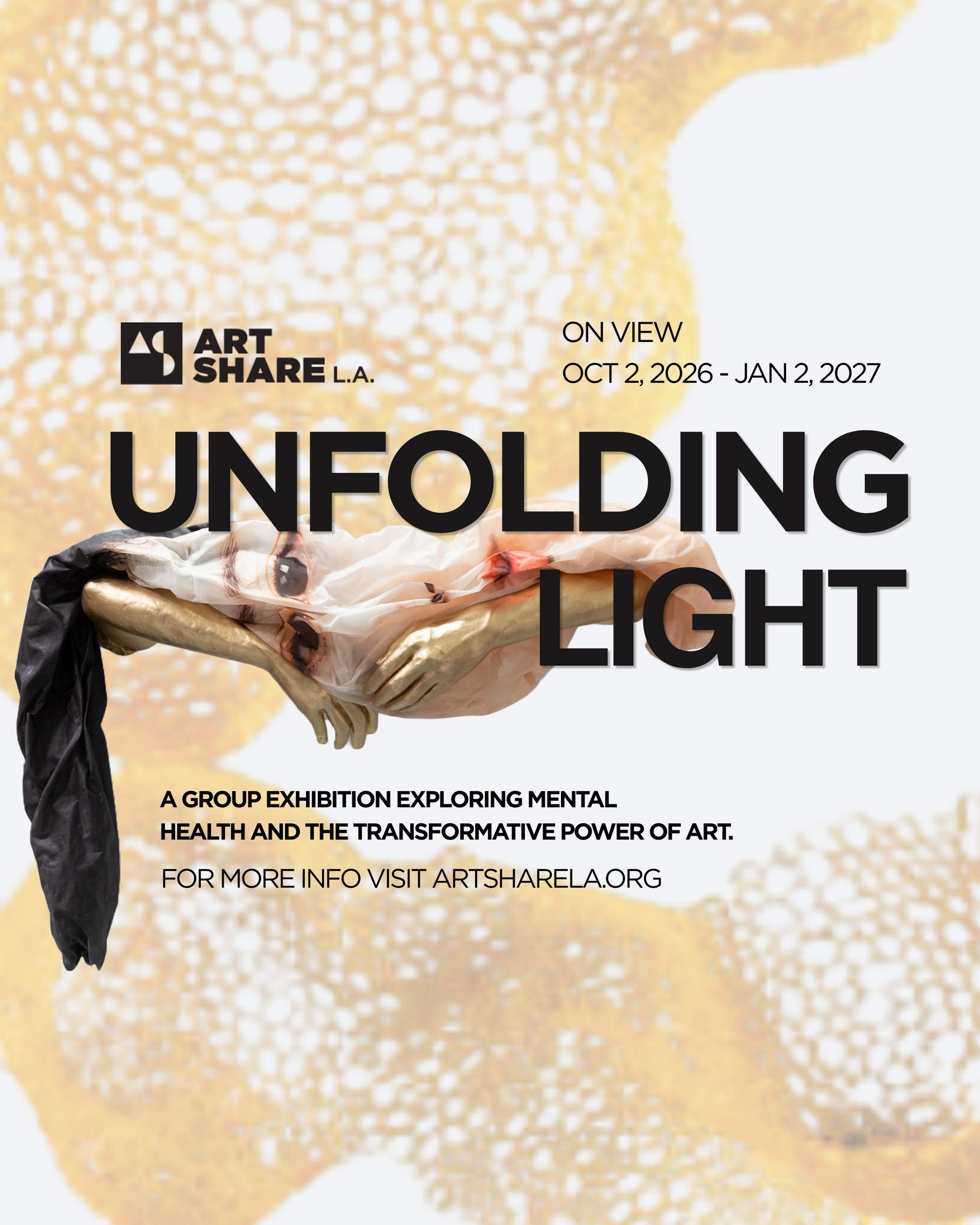 White and gold Unfolding Light exhibition poster