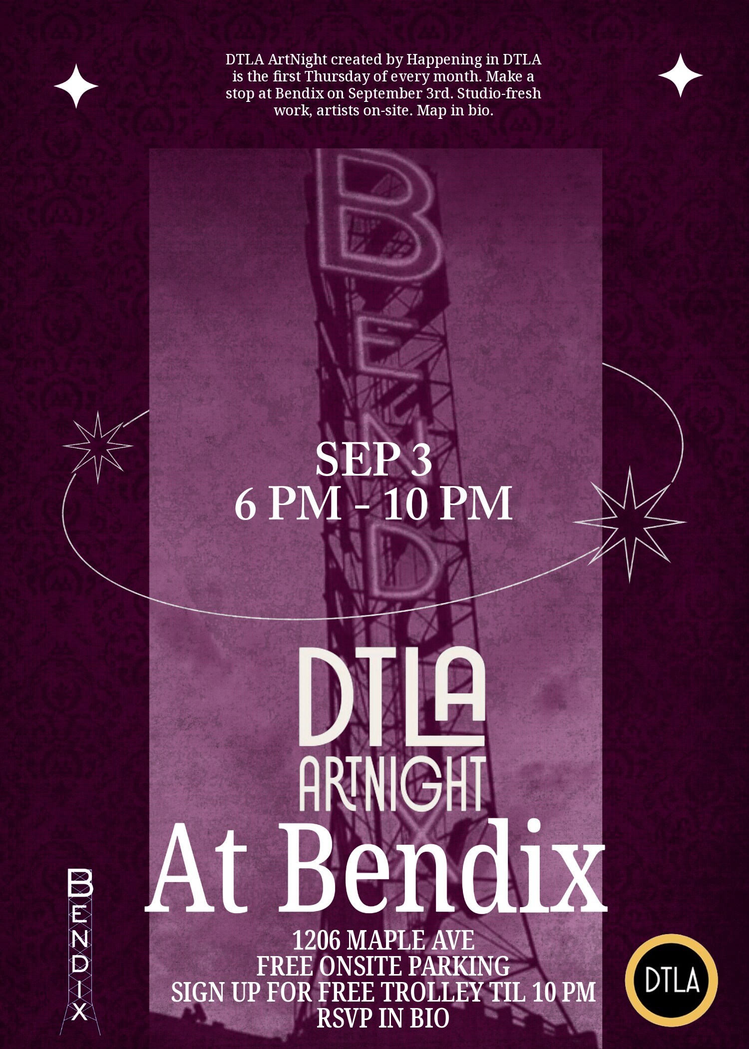 DTLA ArtNight at Bendix flyer for September 3 from 6 to 10 p.m.