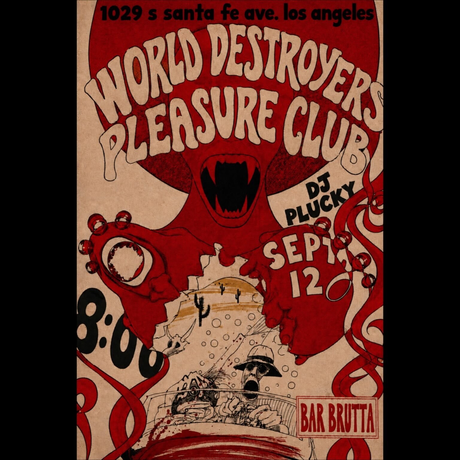 Hand-drawn red World Destroyers' Pleasure Club flyer with DJ Plucky at Bar Brutta on September 12.