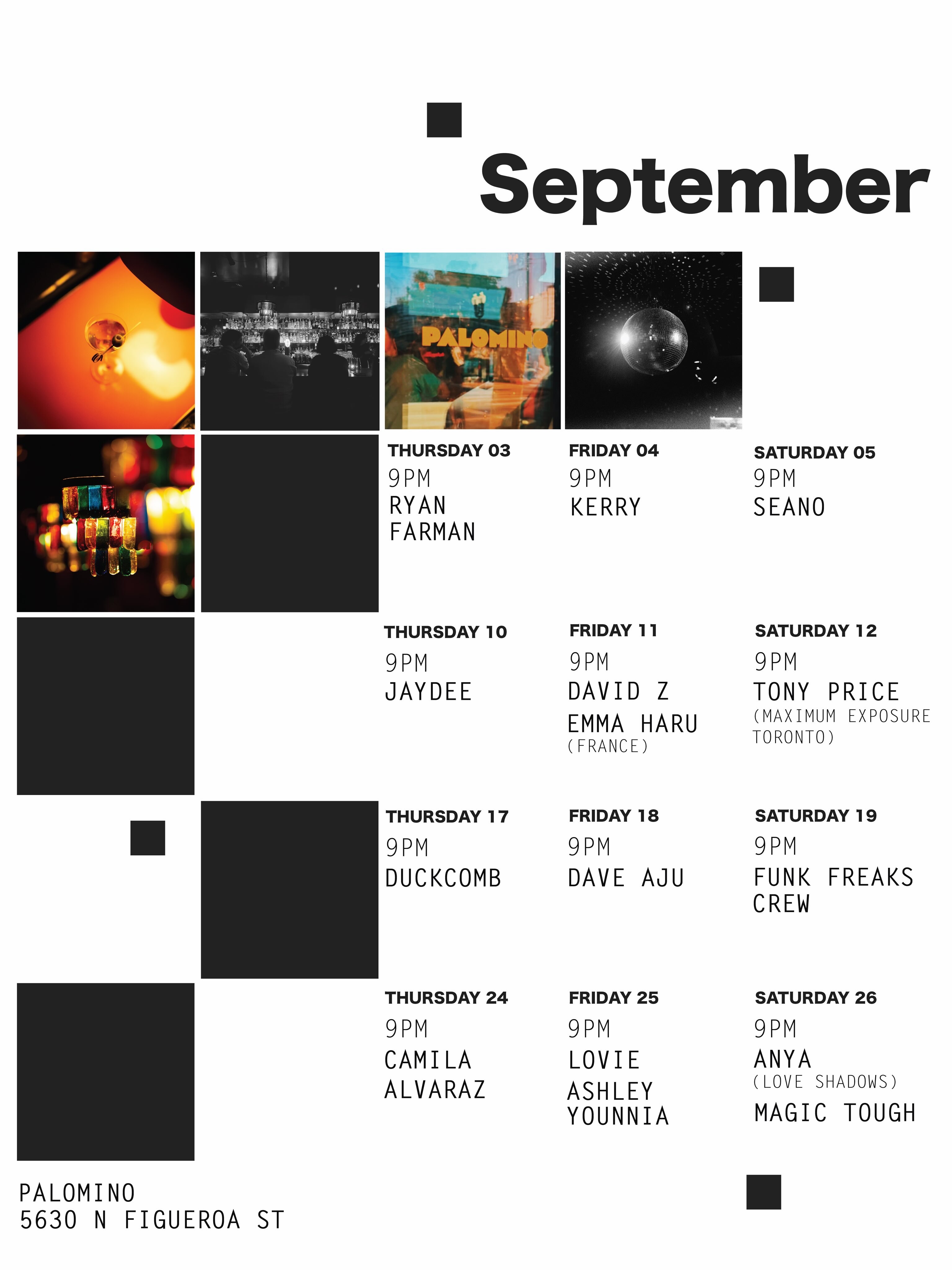 Palomino September DJ calendar listing Jaydee on Thursday September 10 at 9 PM