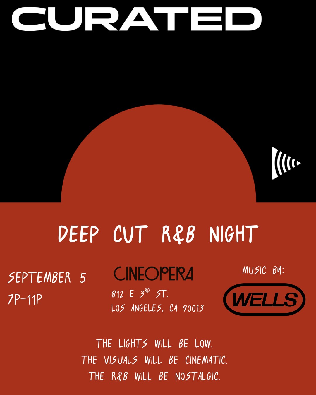 CURATED deep-cut R&B night flyer for September 5 at Cineopera