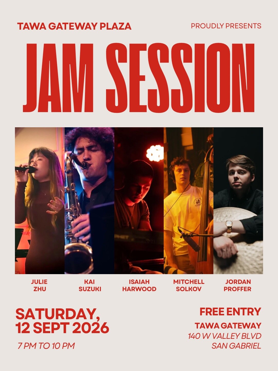 TAWA Gateway Jam Session flyer featuring the five-piece house band and September 12 details.