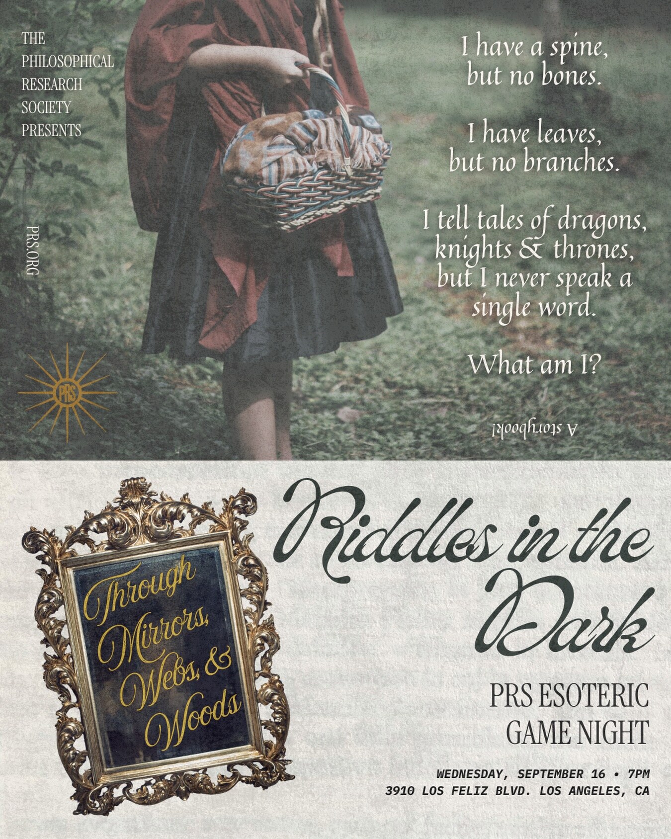 Riddles in the Dark PRS Esoteric Game Night flyer for September 16