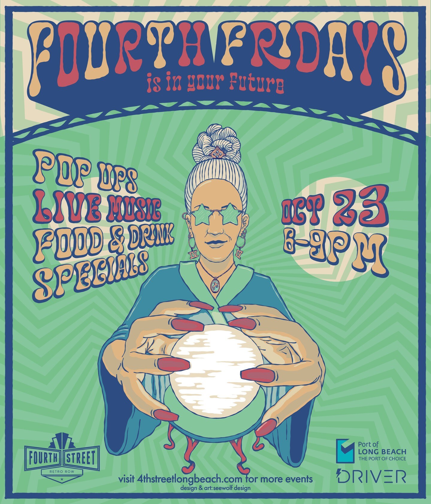 Purple and green Fourth Fridays October 23 flyer