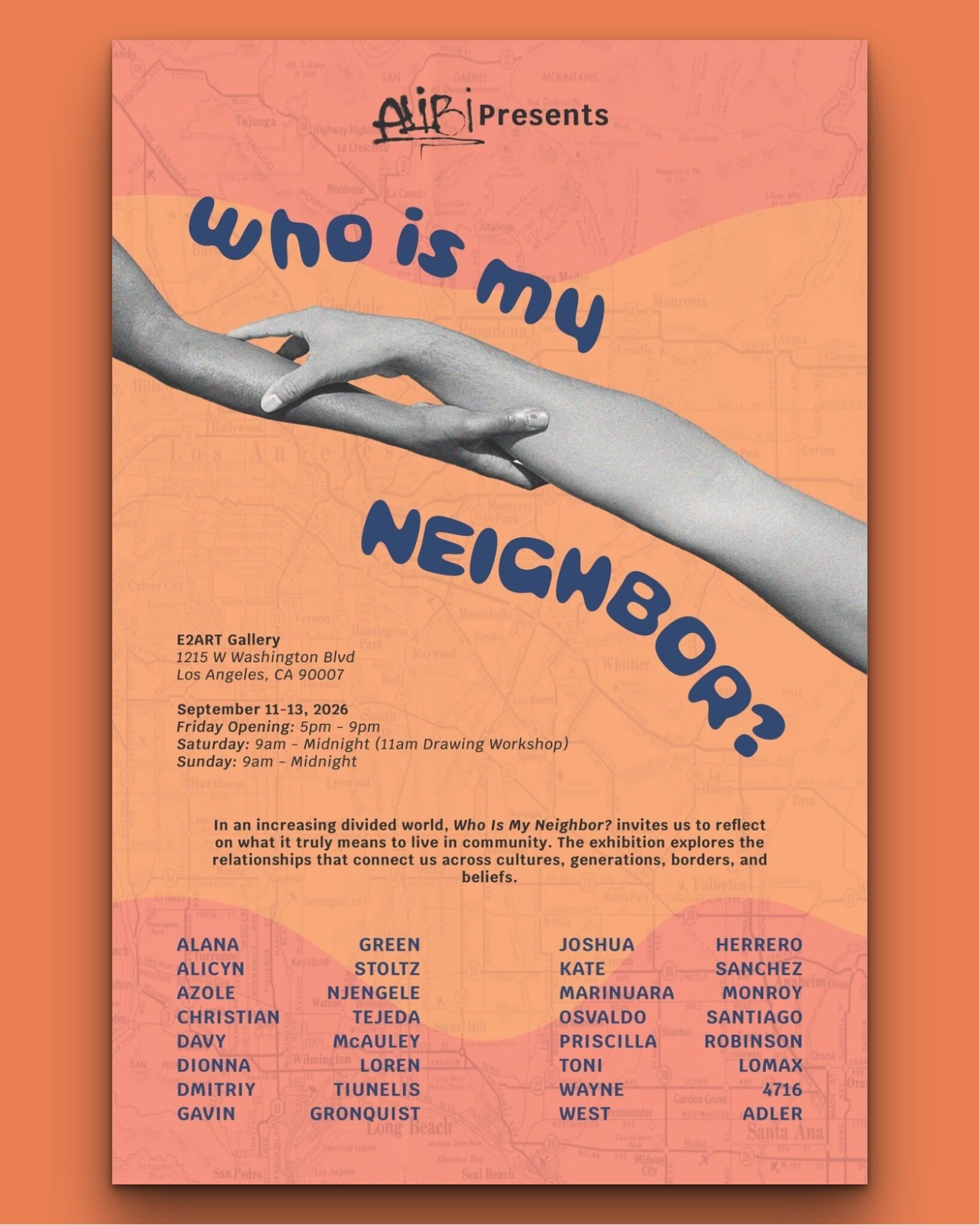 Who Is My Neighbor group exhibition flyer with two reaching arms
