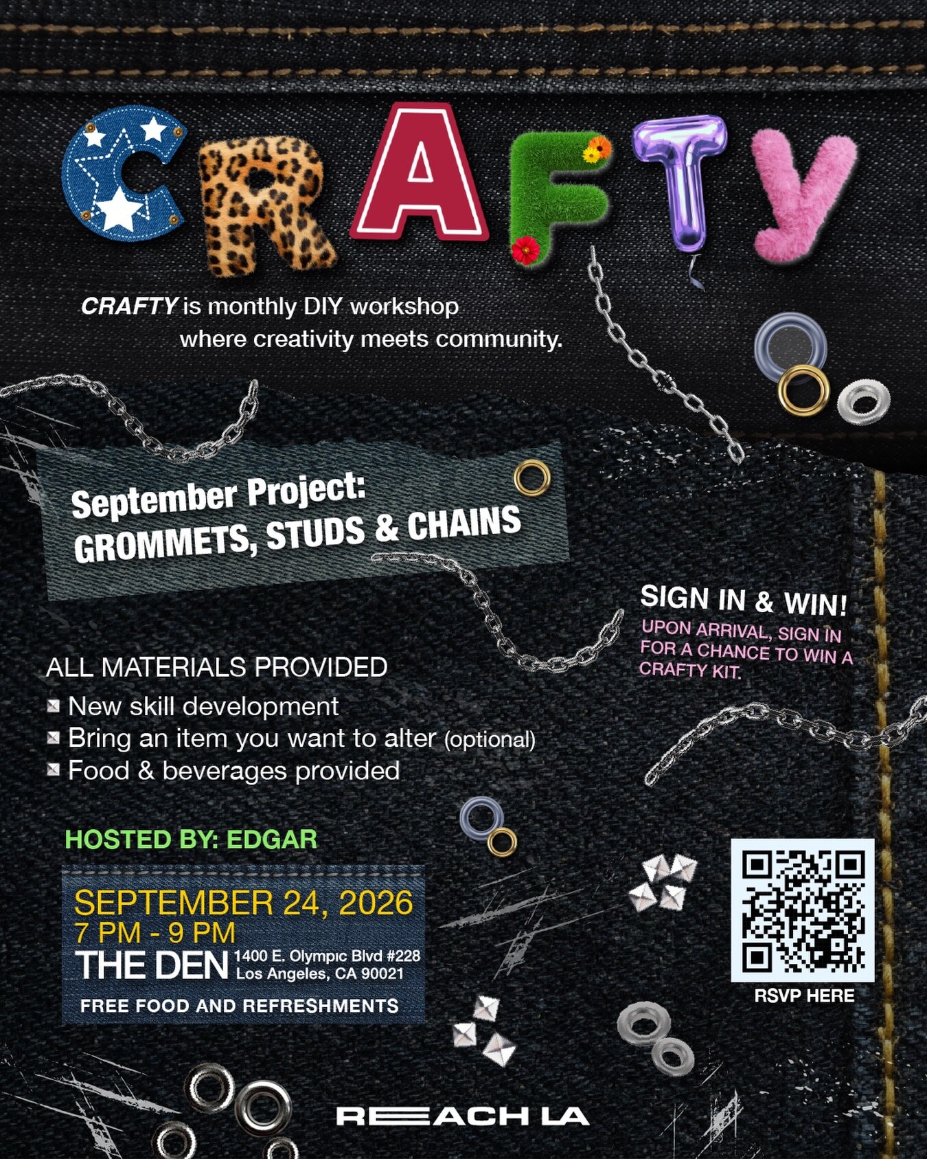 CRAFTY grommets, studs and chains clothing alteration workshop flyer