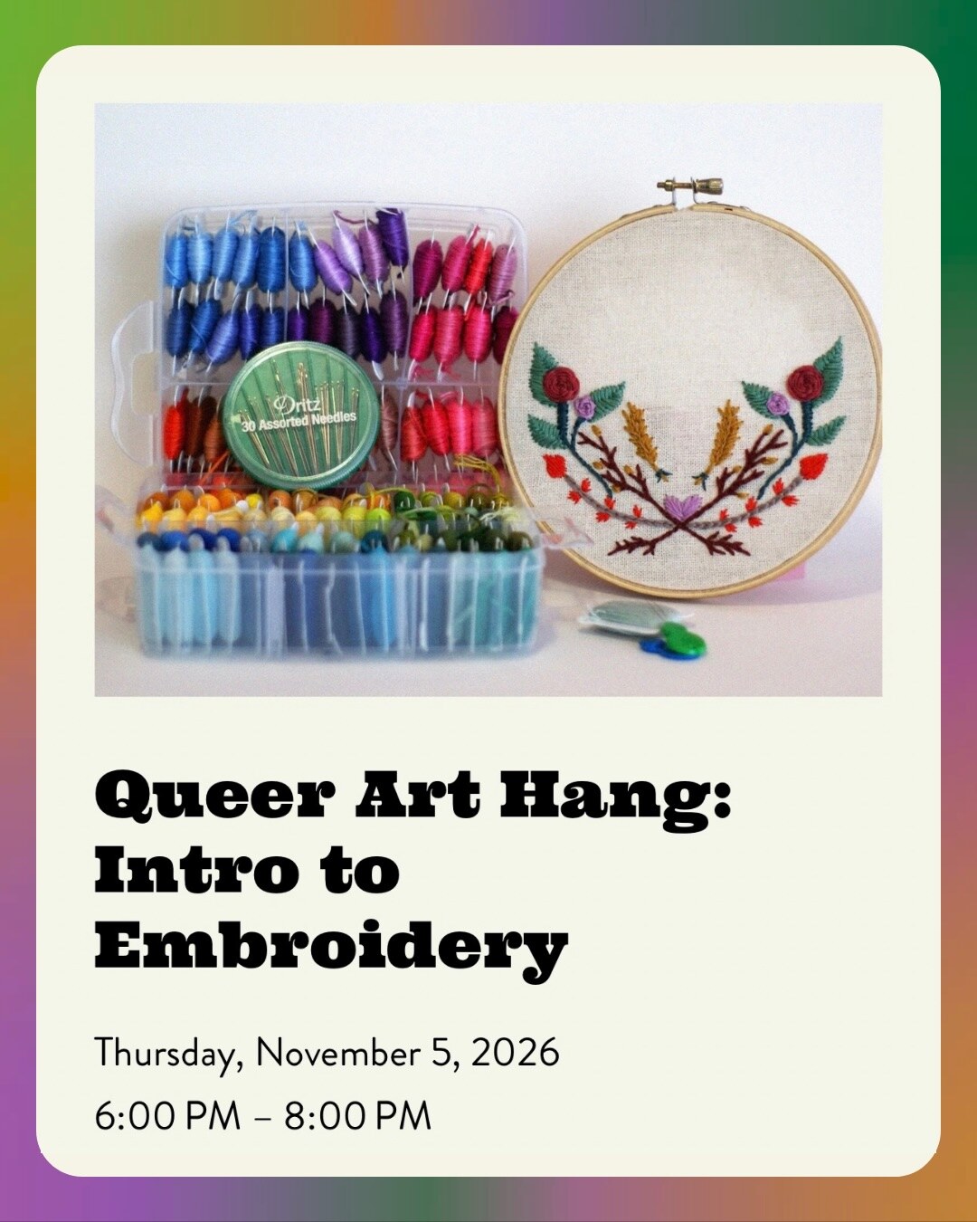 Queer Art Hang Intro to Embroidery workshop flyer