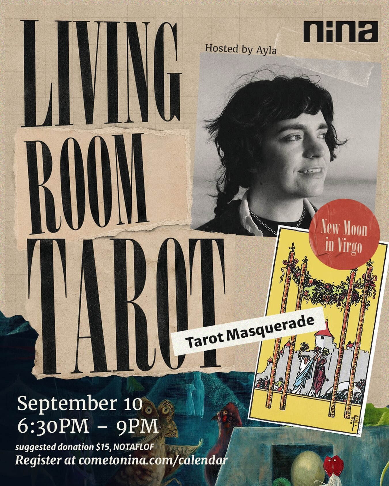 Living Room Tarot: Tarot Masquerade flyer announcing September 10, 6:30–9 PM at nina, hosted by Ayla, with a suggested $15 donation