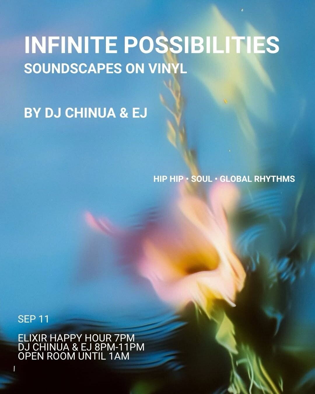 Blue-green Jai Tea Loft flyer for Infinite Possibilities with DJ Chinua and EJ.