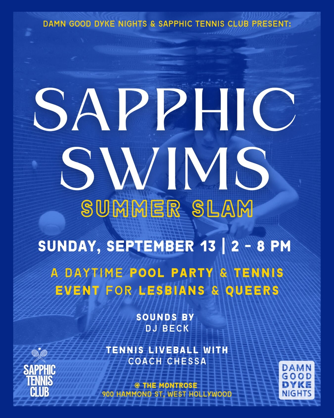 Blue Sapphic Swims Summer Slam flyer for September 13 with pool party and tennis details