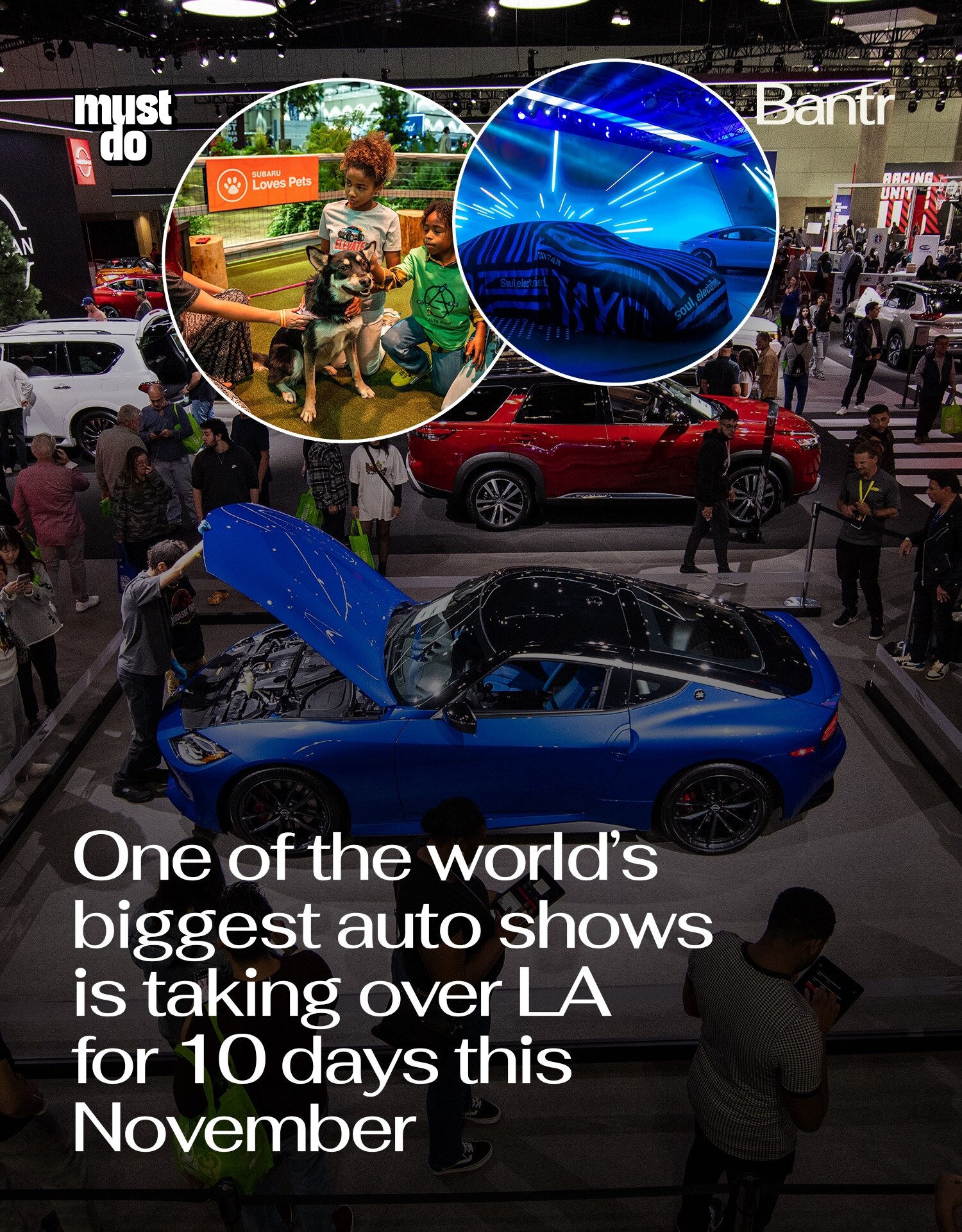 LA Auto Show flyer showing cars and interactive displays on the convention floor.