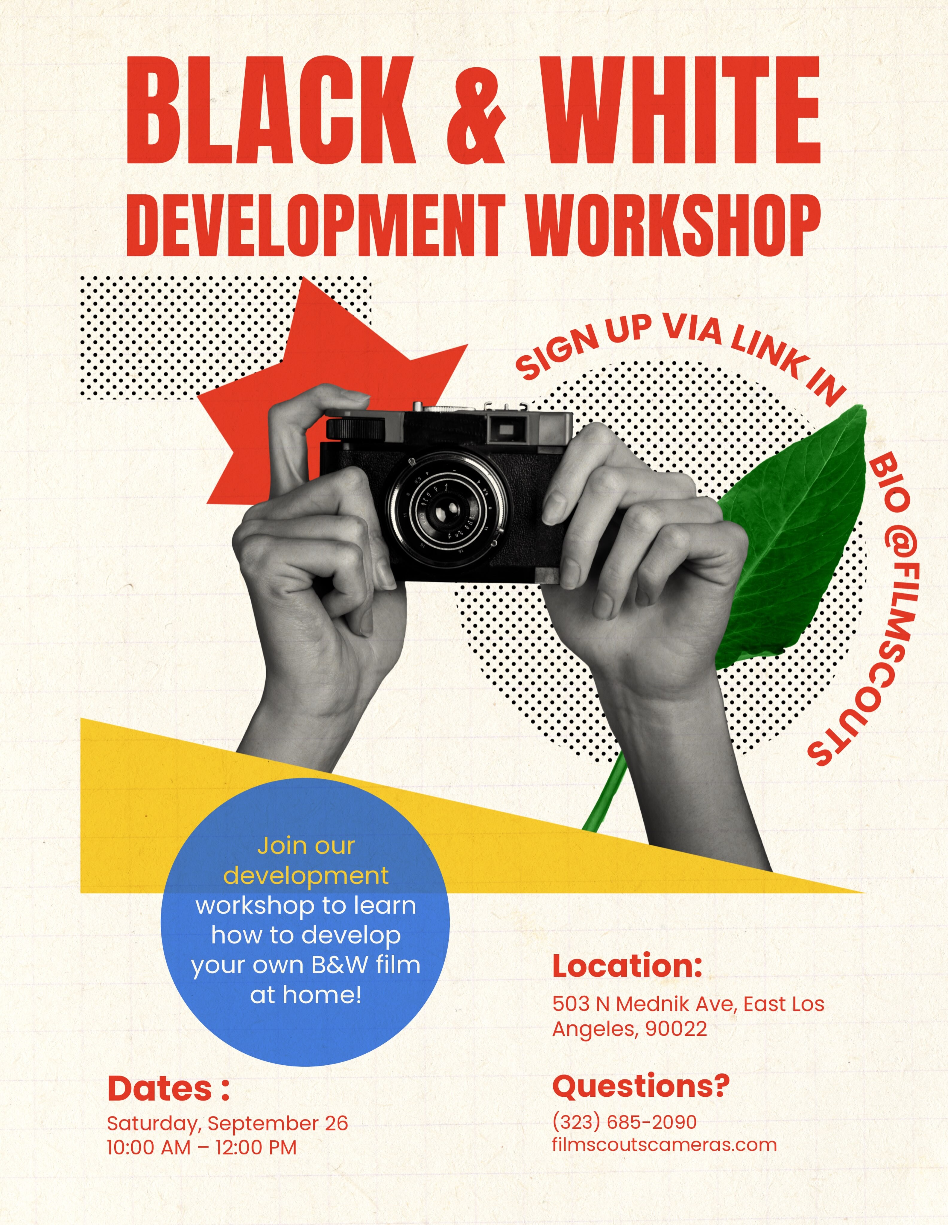 Black and White Development Workshop flyer at Film Scouts