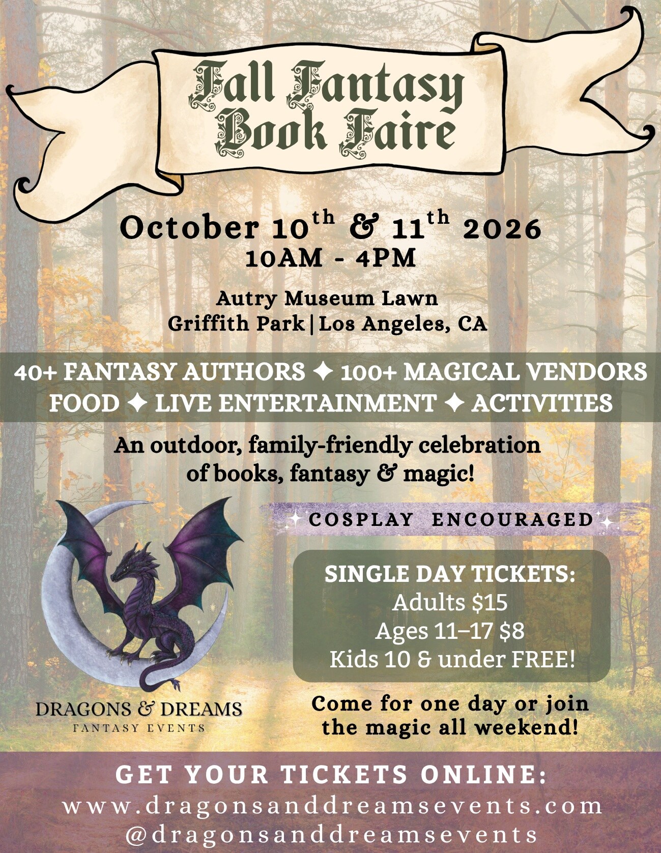 Fall Fantasy Book Faire poster for October 10 and 11 on the Autry Museum Lawn.