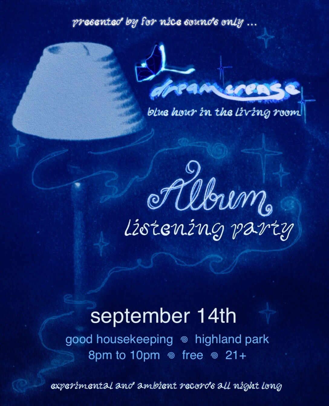 Black and white Dreamcrease listening evening flyer
