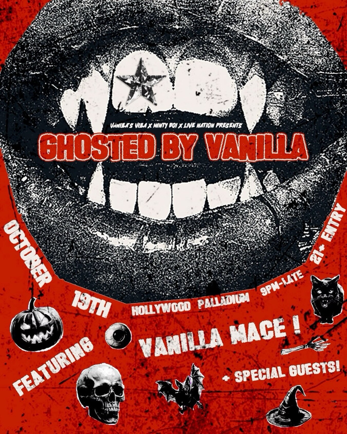 Red, black and white Ghosted by Vanilla Halloween party flyer with vampire teeth and October 19 details.