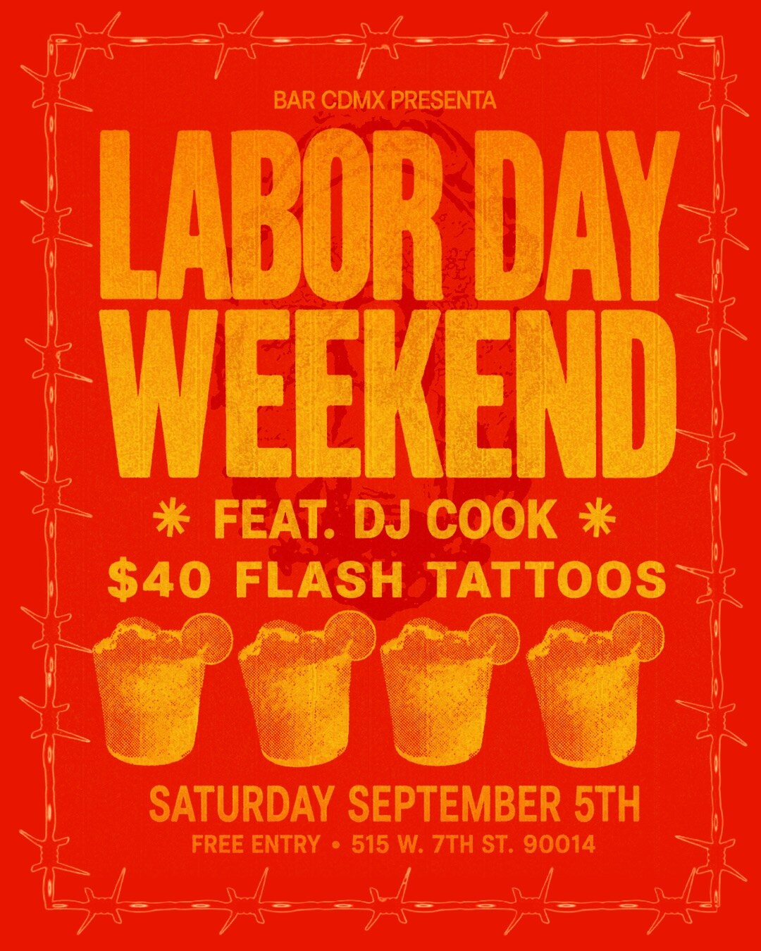 Orange Bar CDMX Labor Day Weekend flyer featuring DJ Cook and $40 flash tattoos on September 5.