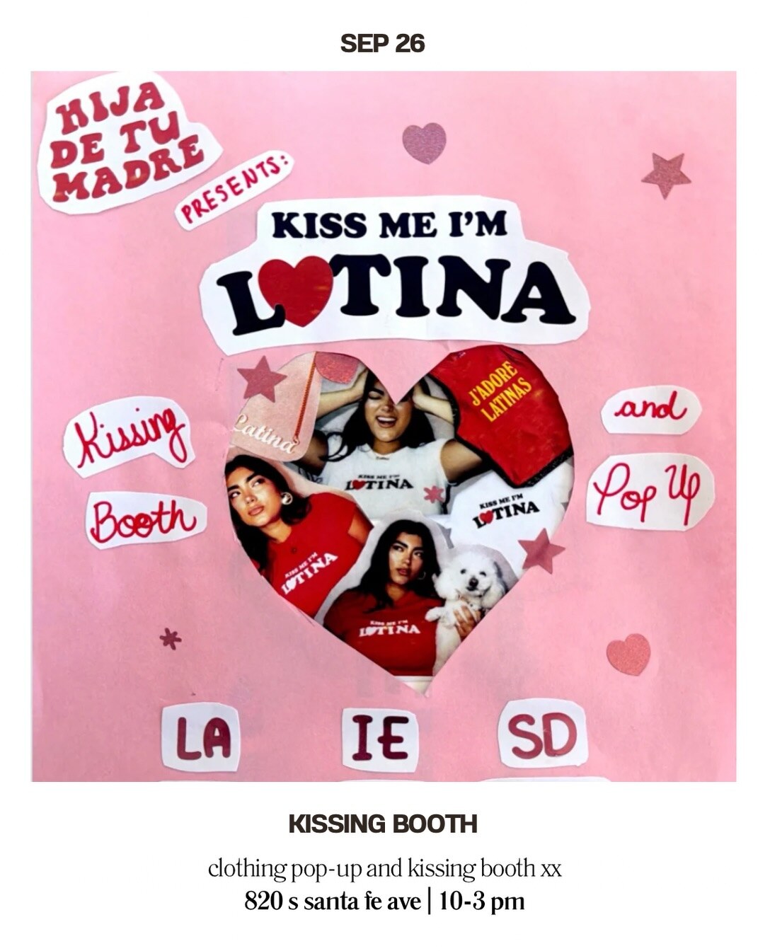 Kissing Booth clothing pop-up card with the Arts District address and hours.