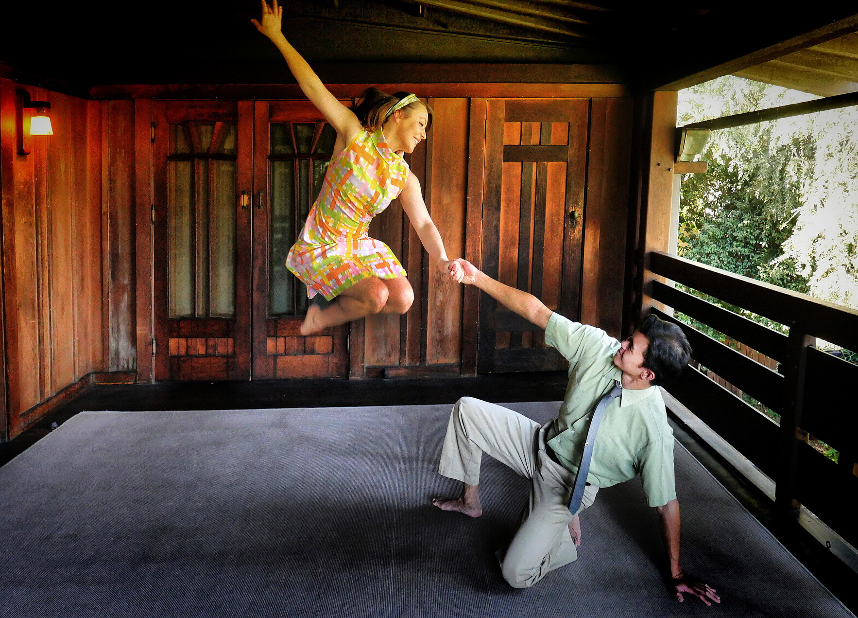 Performers in Broadway costumes outside the Gamble House