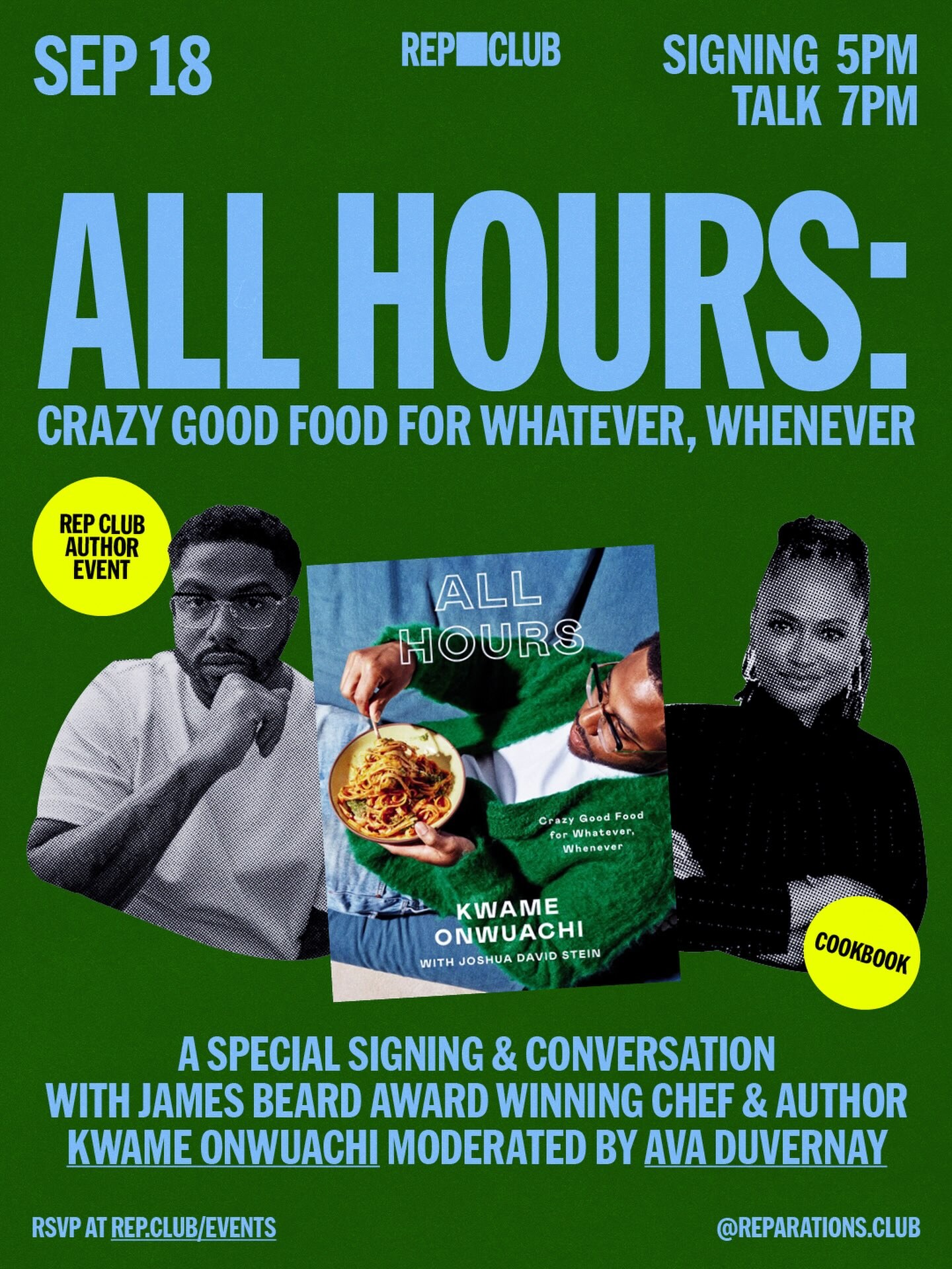 Green and blue All Hours signing and conversation flyer with Kwame Onwuachi and Ava DuVernay