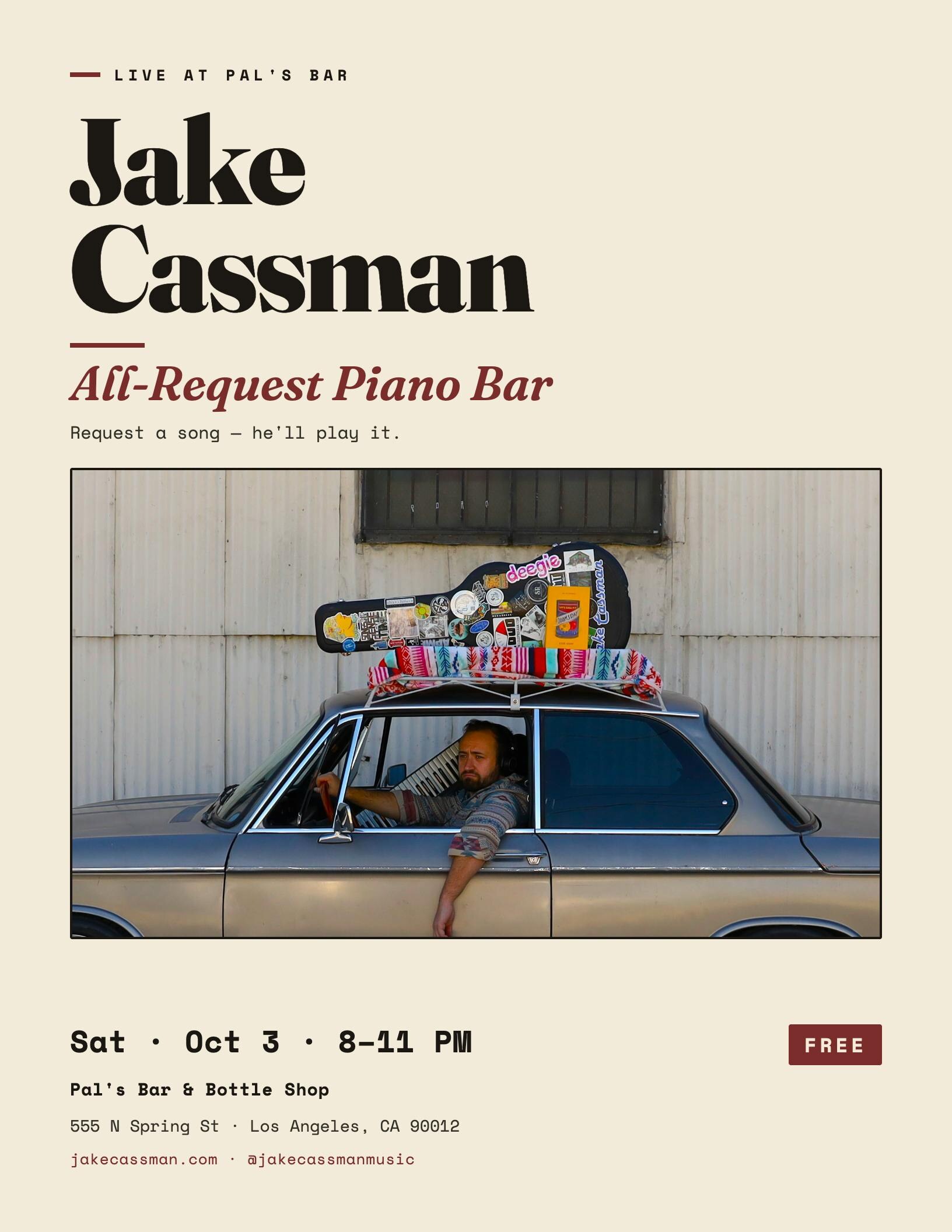 Jake's Piano Bar Night @ Pal's official event flyer