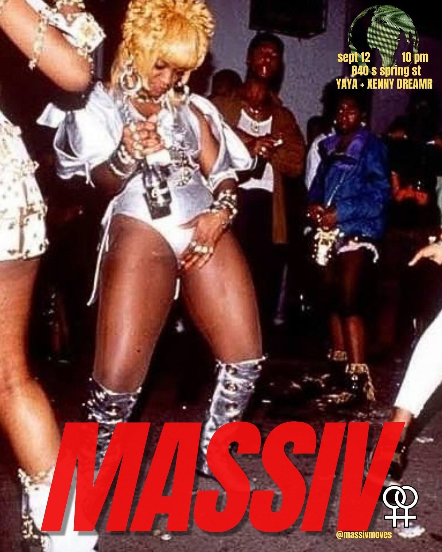 MASSIV party flyer featuring a dancer and bold red lettering
