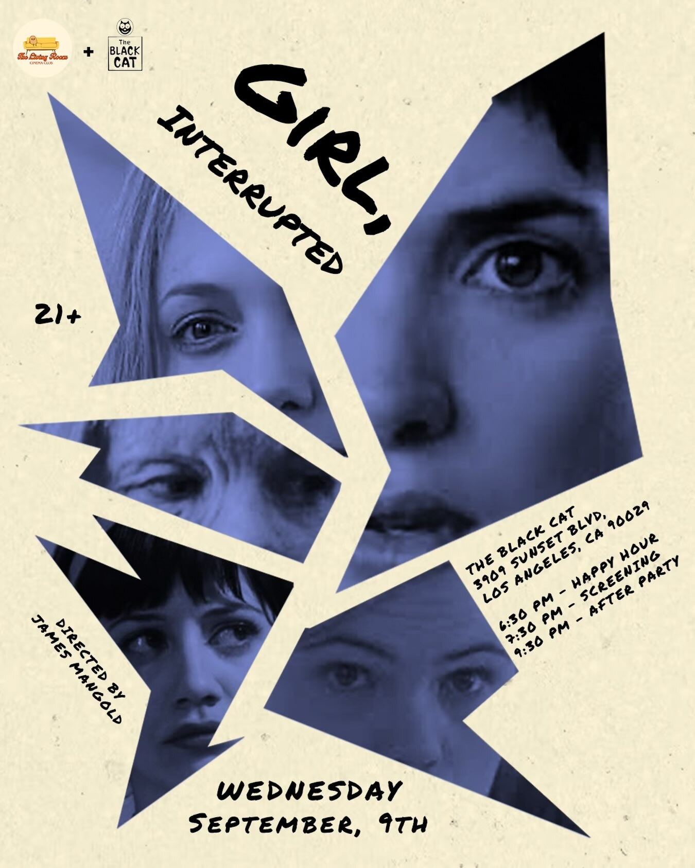 Girl, Interrupted September 9 screening flyer with blue star-shaped film stills