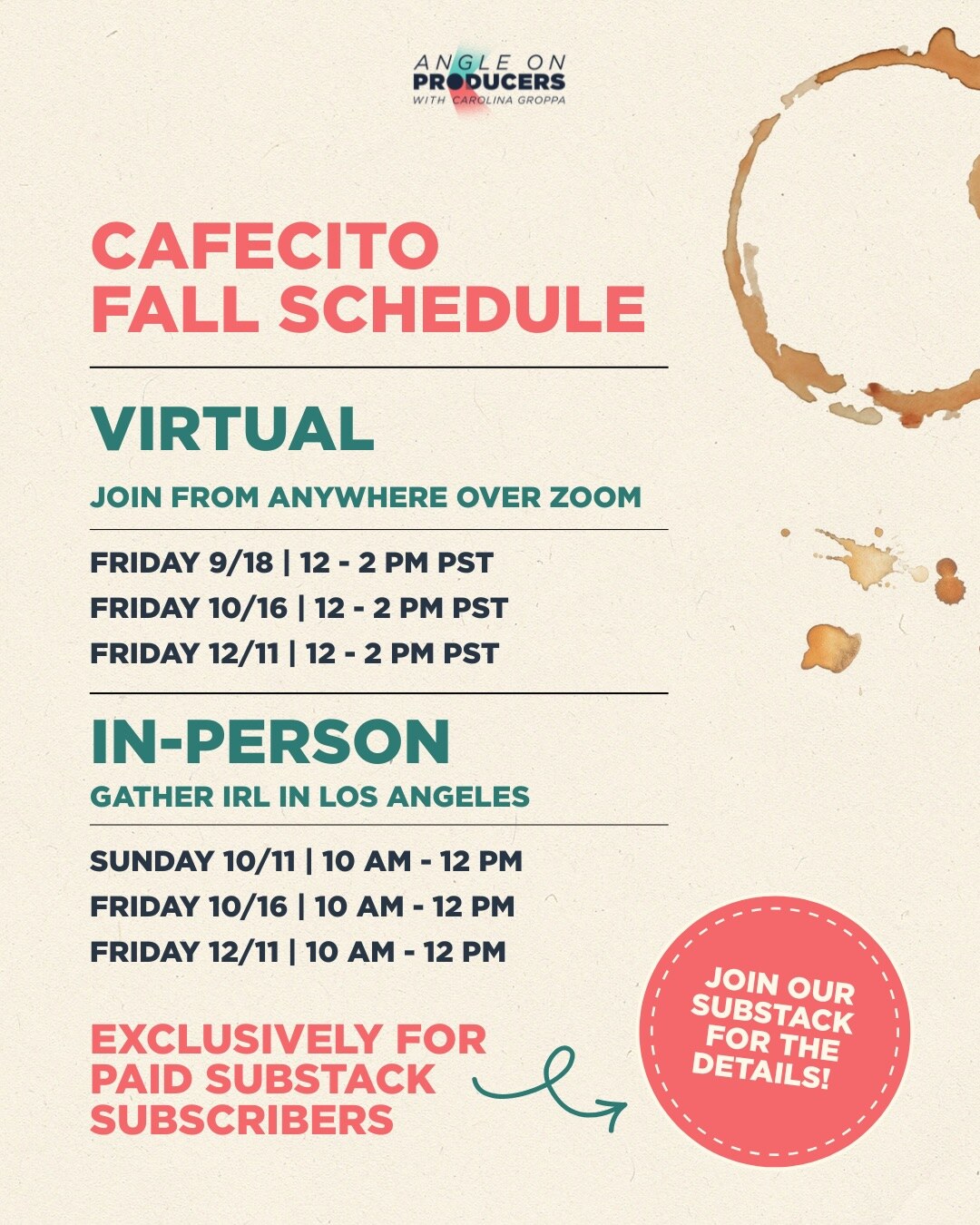 Angle on Producers Fall Cafecito schedule with three in-person Los Angeles dates