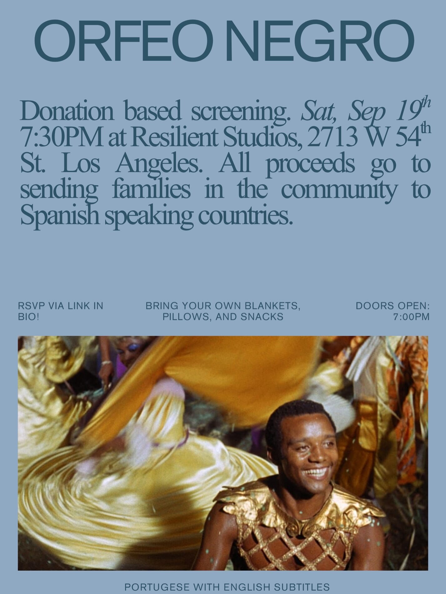 Blue Orfeo Negro screening flyer with a still from the film