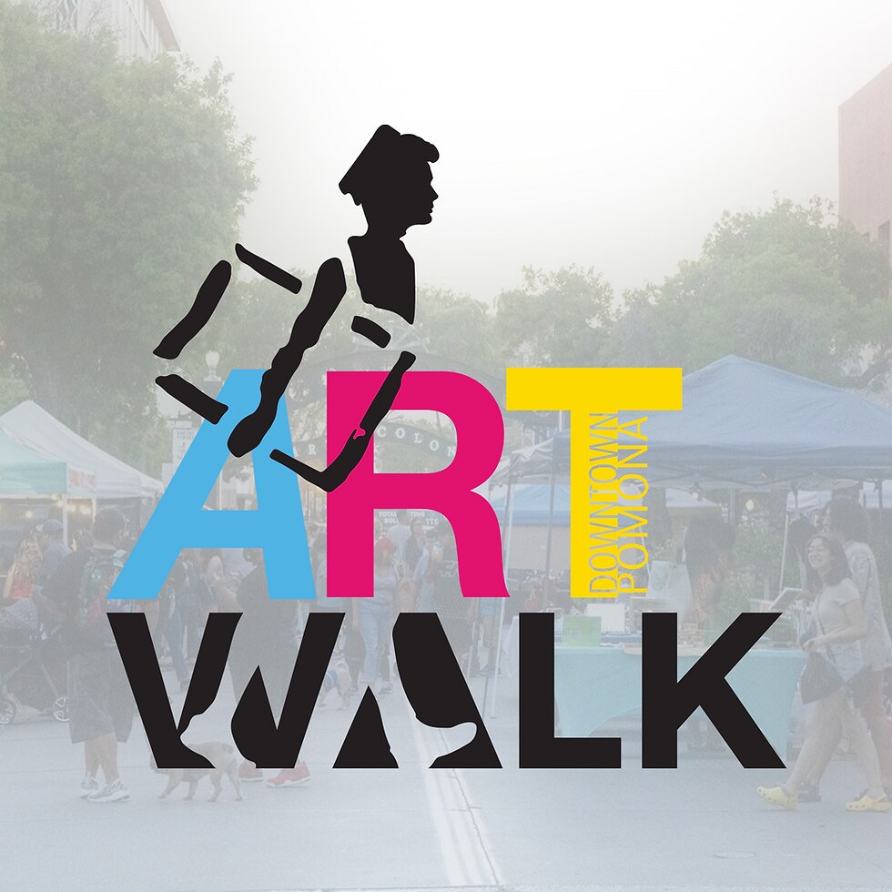 Downtown Pomona ArtWalk logo over a photograph of the outdoor artists and makers market