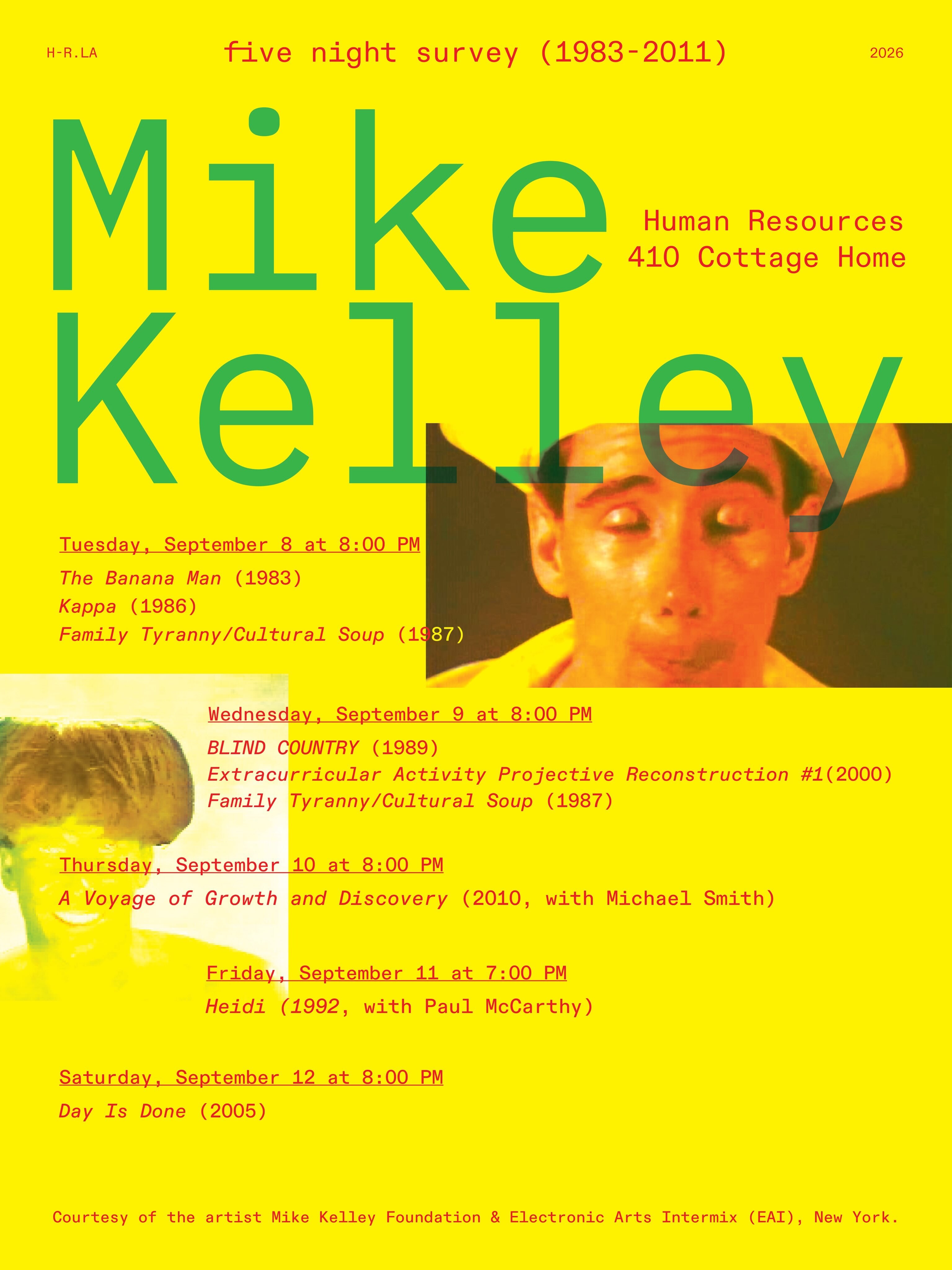 Mike Kelley five-night survey flyer featuring Mike Kelley Survey: Night Five