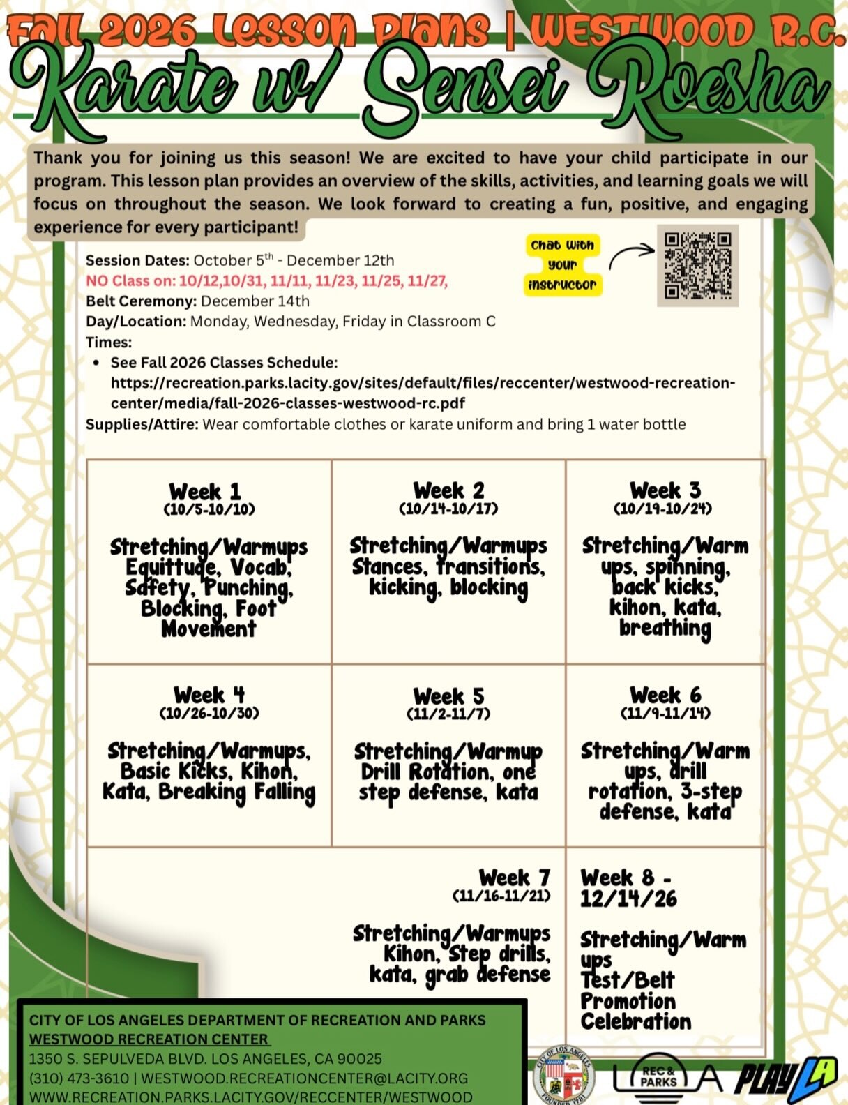 Westwood Recreation Center Fall 2026 Karate lesson-plan flyer with session dates, closure dates, and belt-ceremony information.