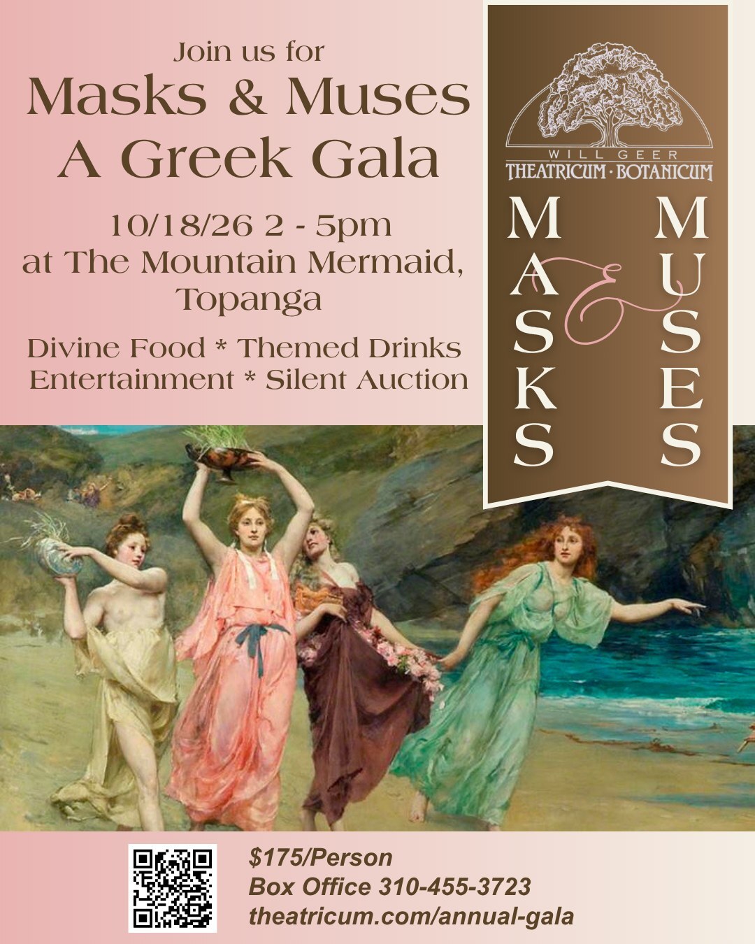 Masks and Muses Greek Gala flyer with classical artwork and event details for the Mountain Mermaid
