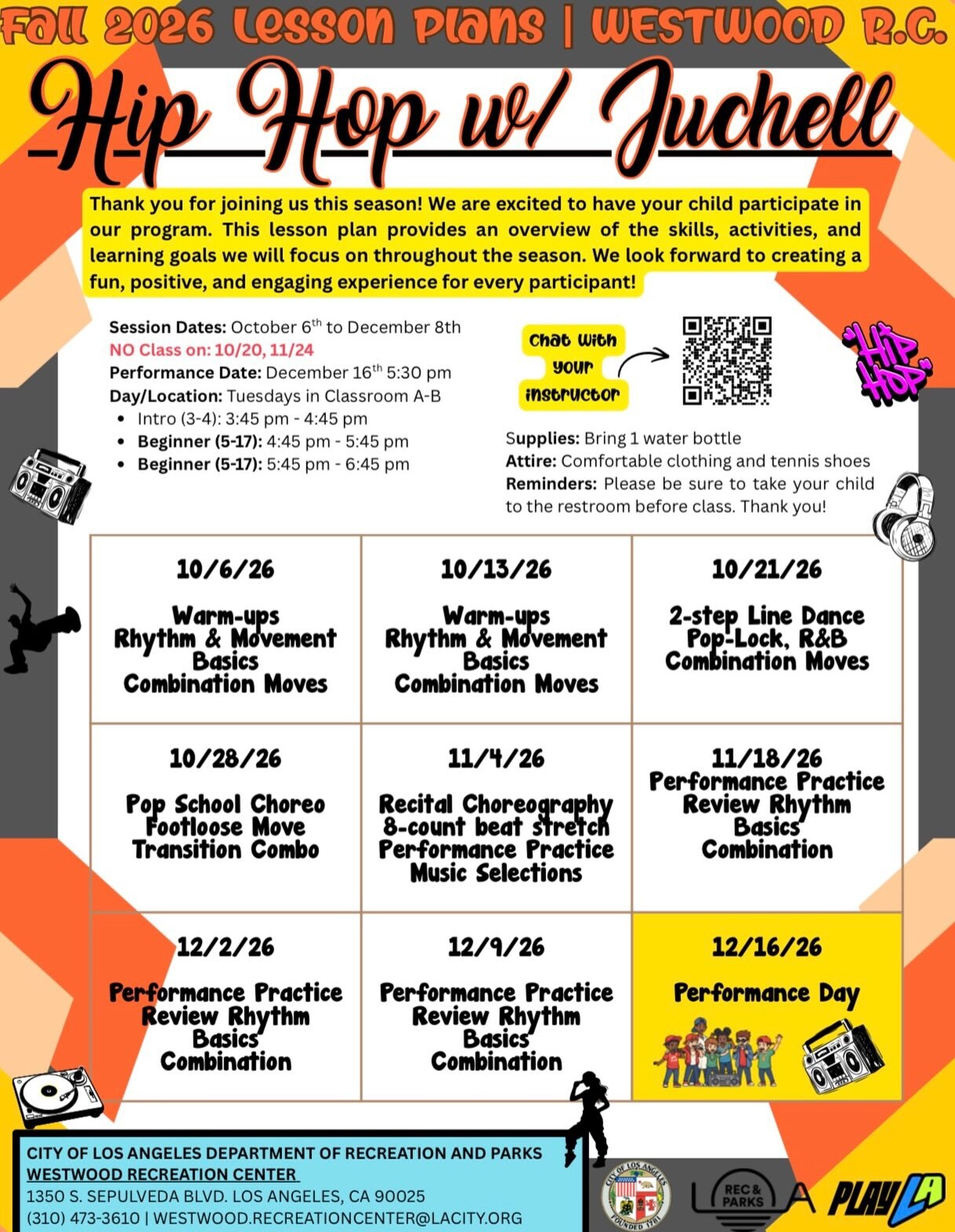 Westwood Recreation Center Fall 2026 Hip Hop lesson-plan flyer with dates, times, and performance schedule.