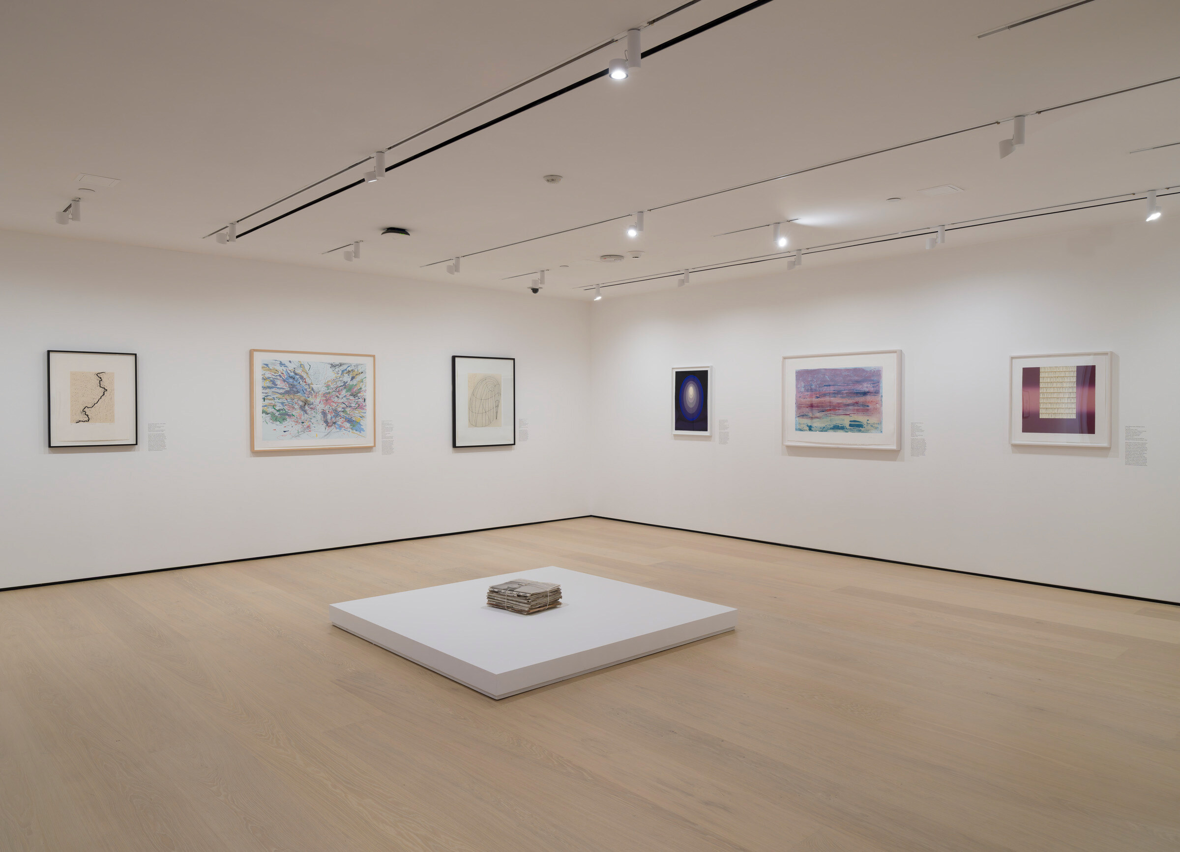 Gallery with works on paper installed on the wall and on a plinth