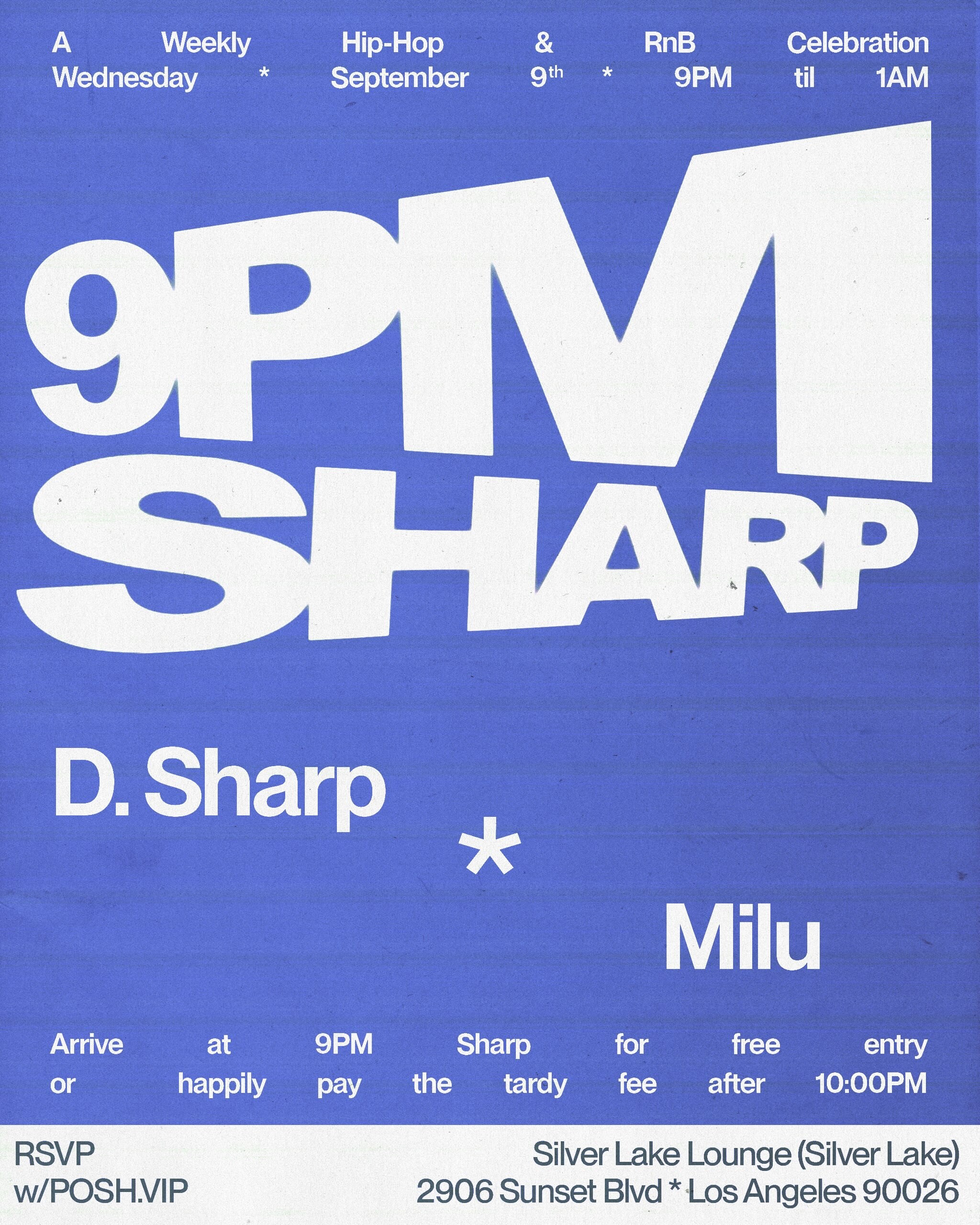 Blue and white 9PM Sharp weekly Wednesday flyer listing Silverlake Lounge and the September 9 kickoff