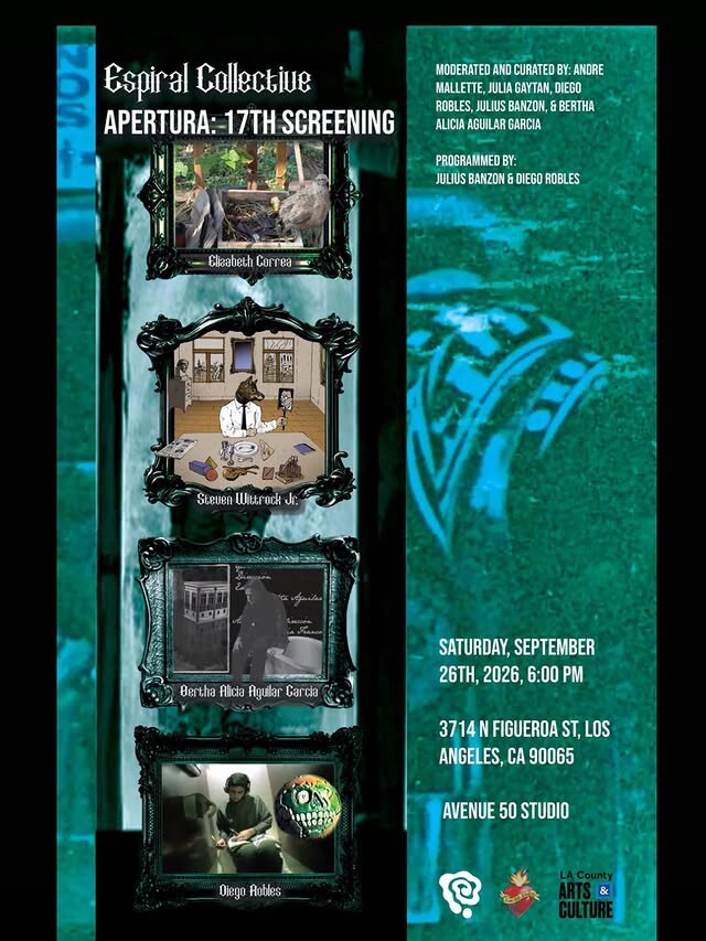 Espiral Collective 17th Apertura screening flyer naming the three filmmakers and Avenue 50 Studio