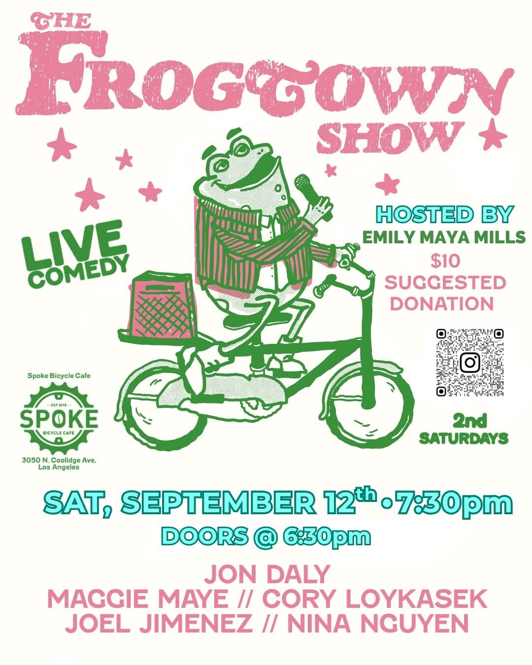 The Frogtown Show monthly live-comedy flyer at Spoke Bicycle Cafe