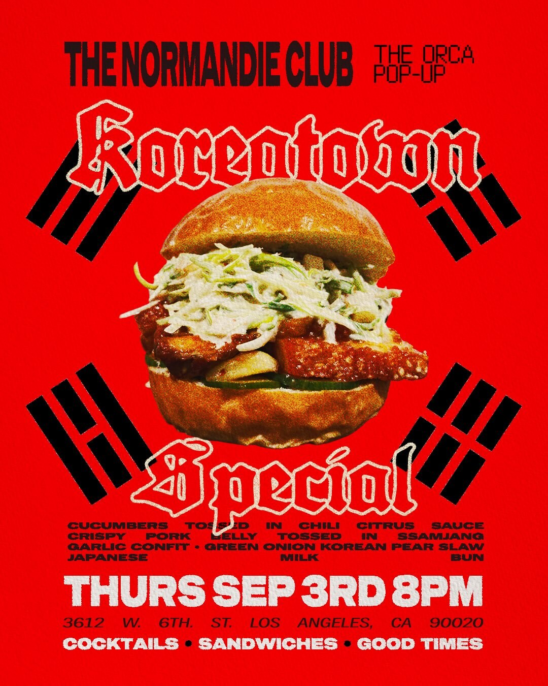 Red ORCA Koreatown sandwich pop-up flyer for Thursday September 3 at The Normandie Club