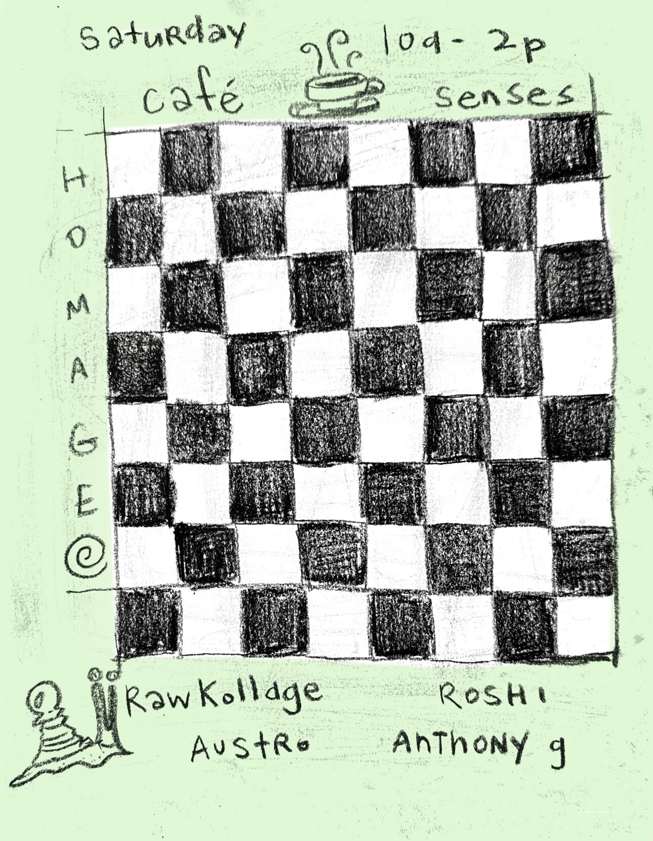 café senses chess, coffee and DJ gathering flyer at Homage Brewing