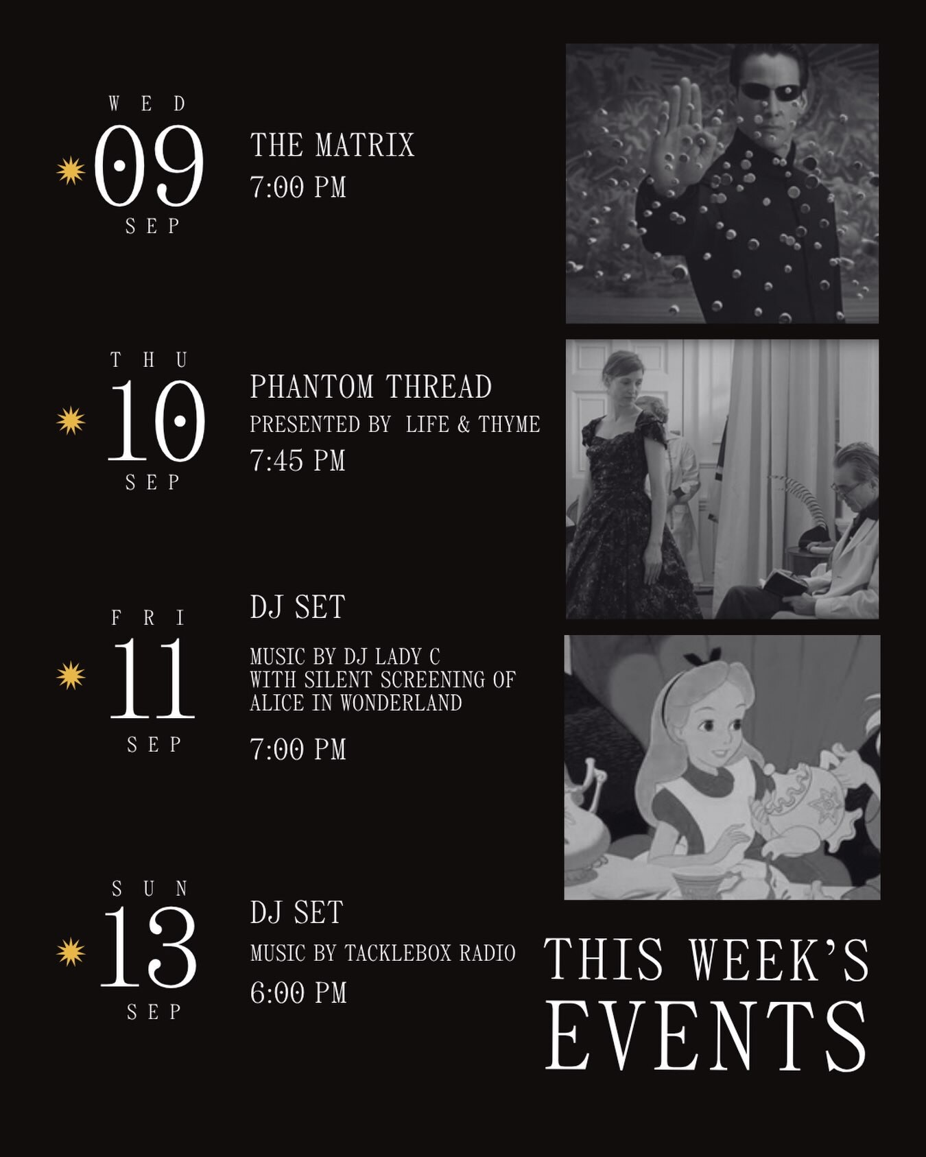 CineOpera weekly schedule featuring DJ Lady C and Alice in Wonderland