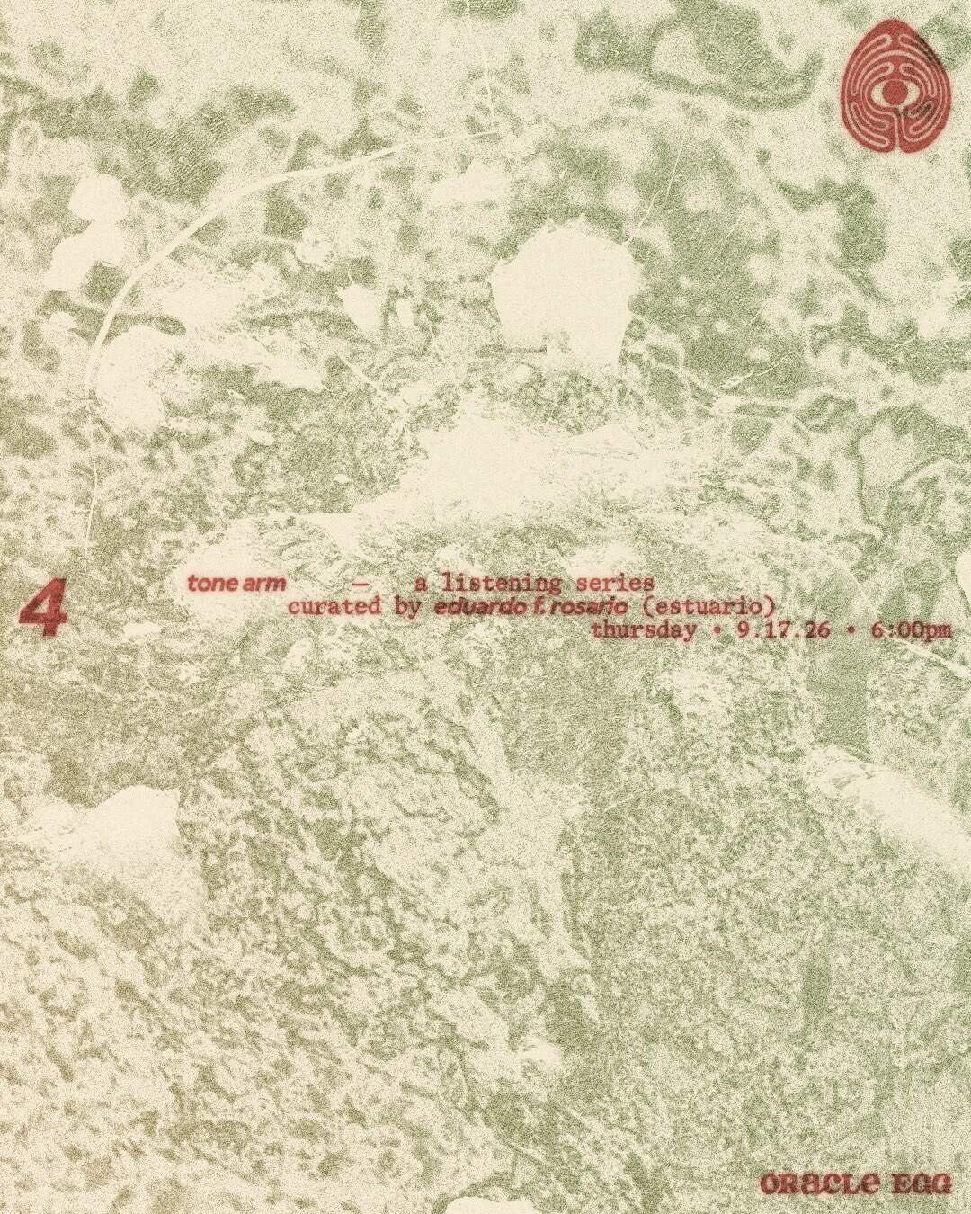 Minimal black-and-white Tone Arm listening series flyer for session number four at Oracle Egg.