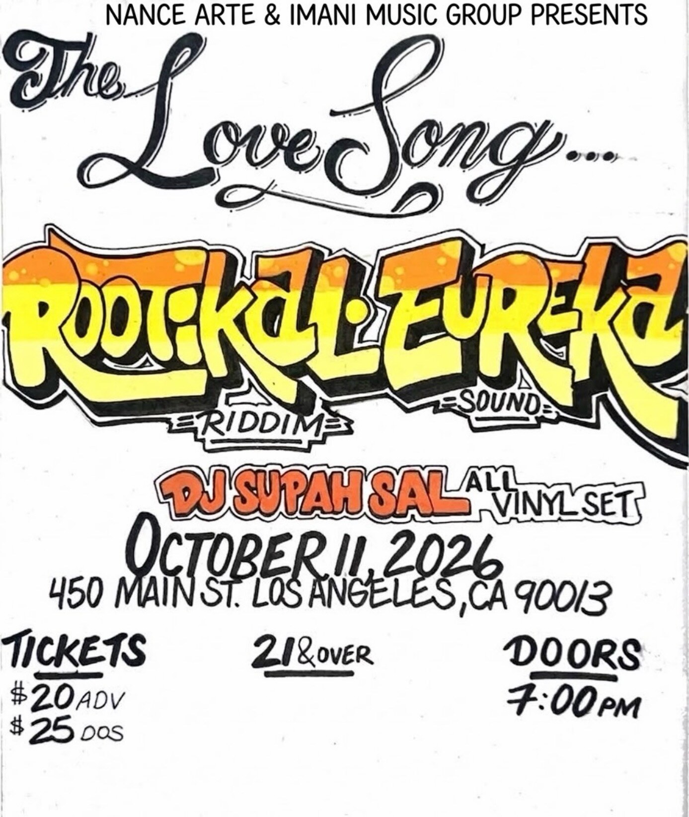Rootikal Riddim flyer for October 11 at The Love Song Bar, featuring Eureka Sound and DJ Supah Sal.