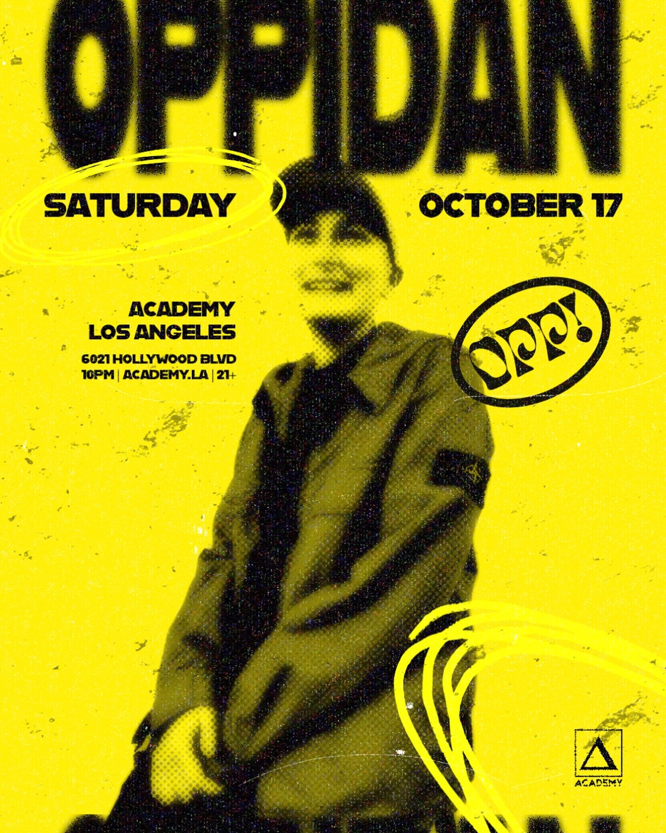 Yellow and black Oppidan flyer for Academy Los Angeles on October 17