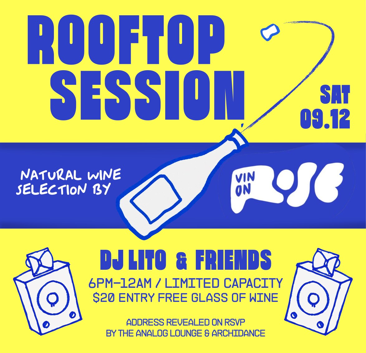 Yellow and blue Rooftop Session flyer listing DJ Lito and friends, wine and September 12 details