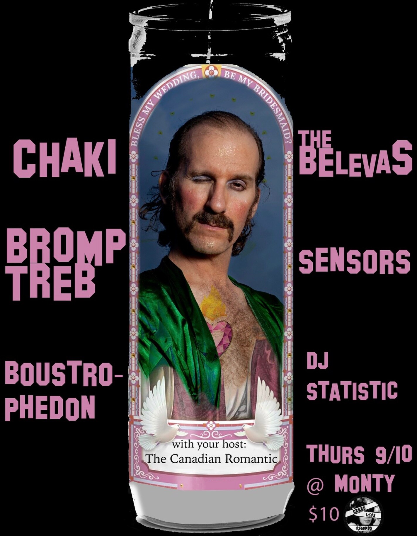 Be My Bridesmaid show flyer listing Chaki, The Belevas, Bromp Treb, Sensors, Boustrophedon and DJ Statistic at Monty Bar