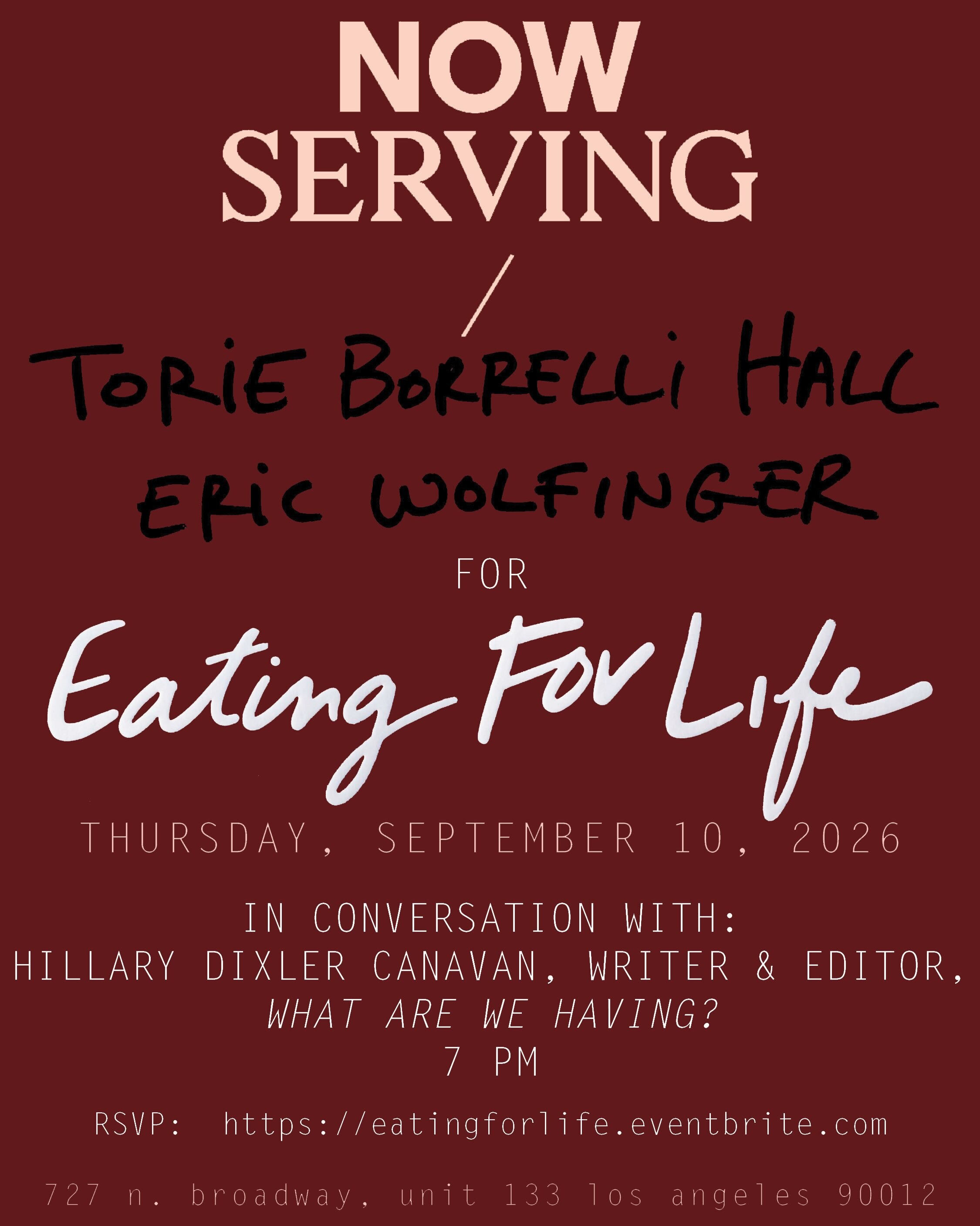 Eating for Life cookbook event flyer at Now Serving