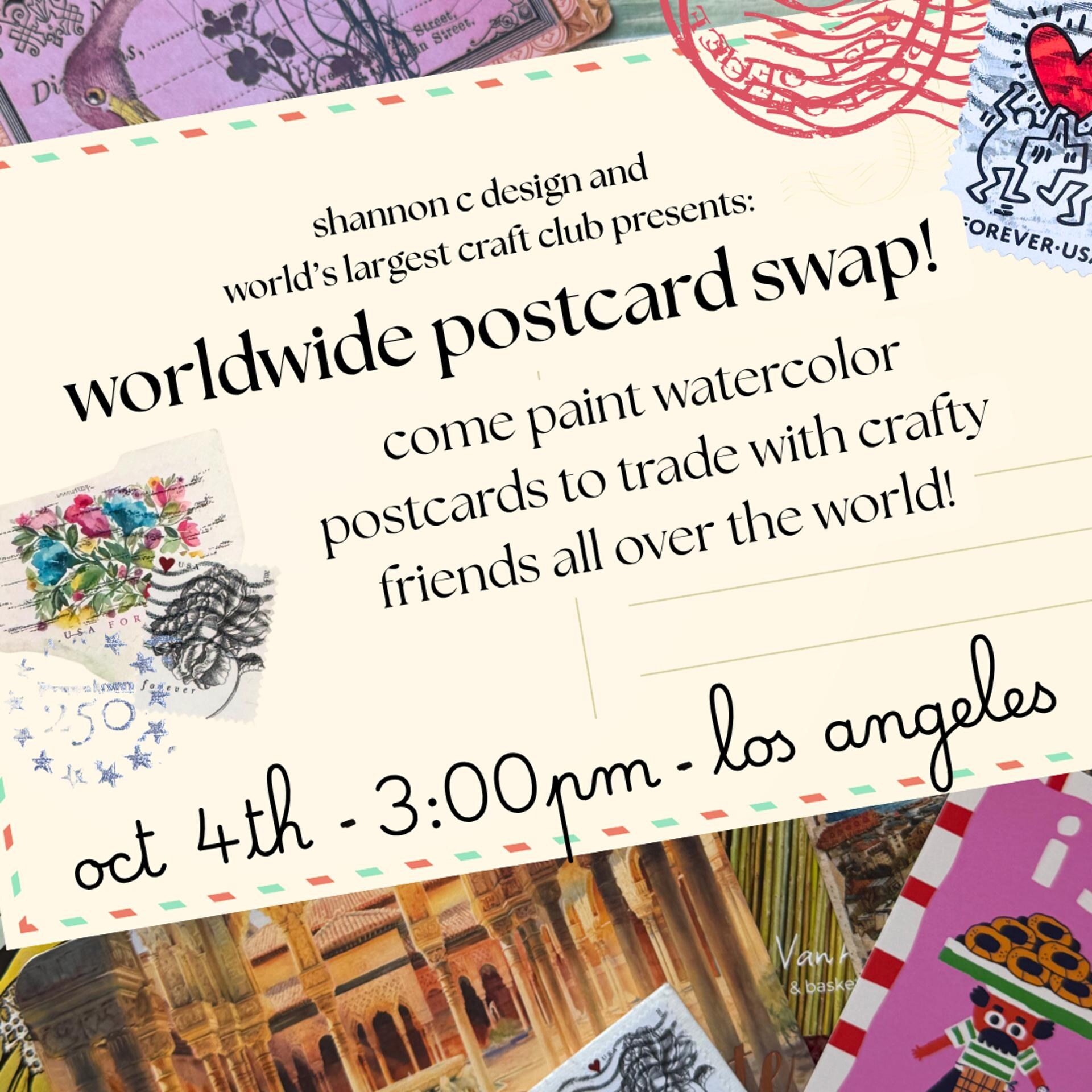 World Postcard Day watercolor workshop flyer styled as international mail.