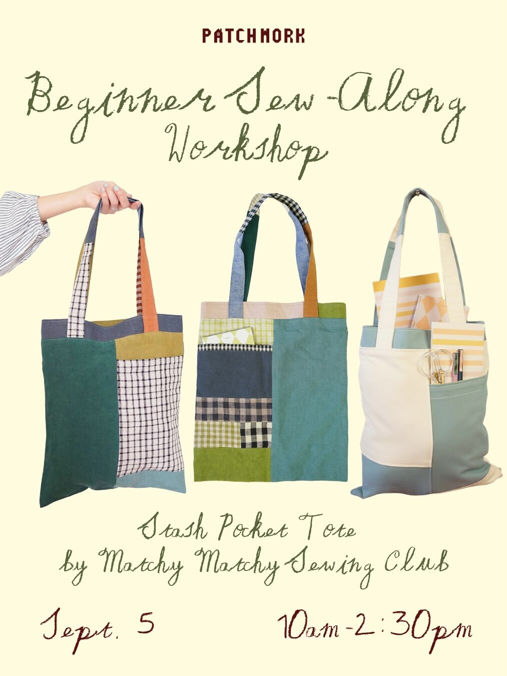 Patchwork beginner sew-along flyer showing three Stash Pocket Tote bags for September 5